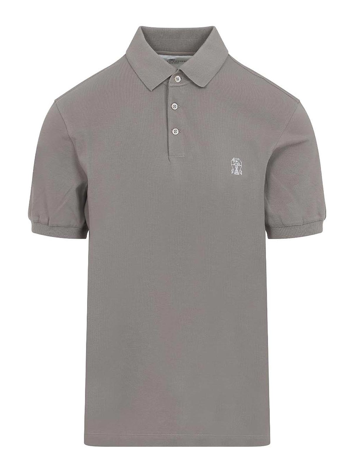 Brunello Cucinelli Cotton Polo With Ribbed Trims And Straight Hem In Gray