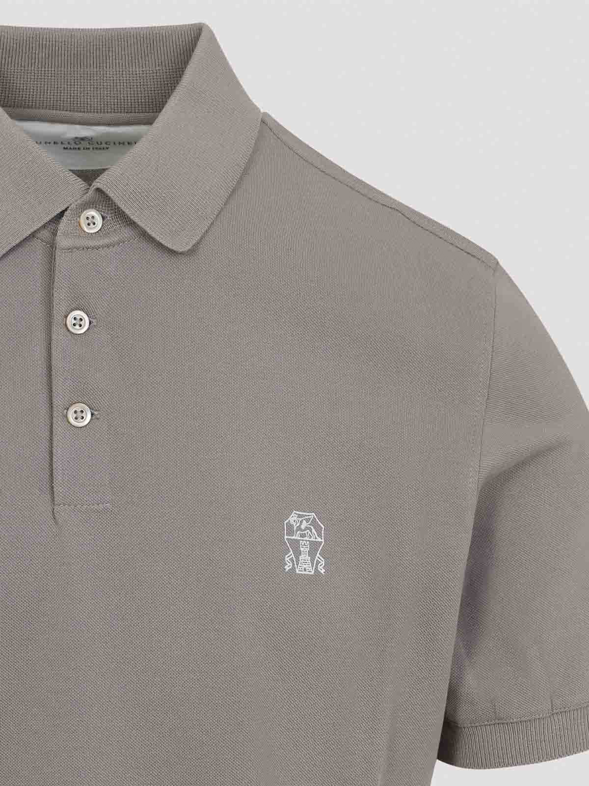 Brunello Cucinelli Cotton Polo With Ribbed Trims And Straight Hem In Gray