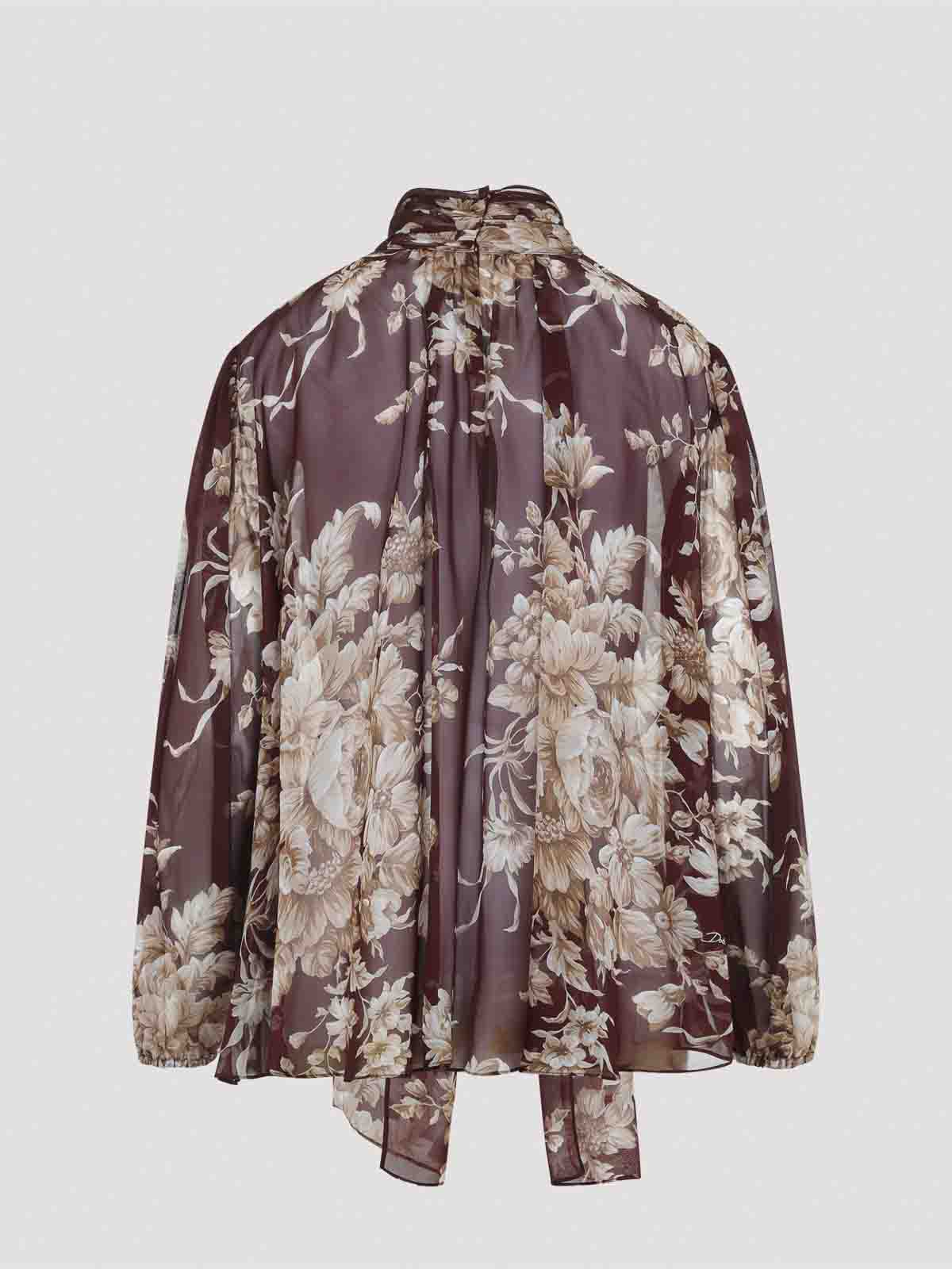 Dolce & Gabbana Chiffon Shirt With Rose Print In Burgundy