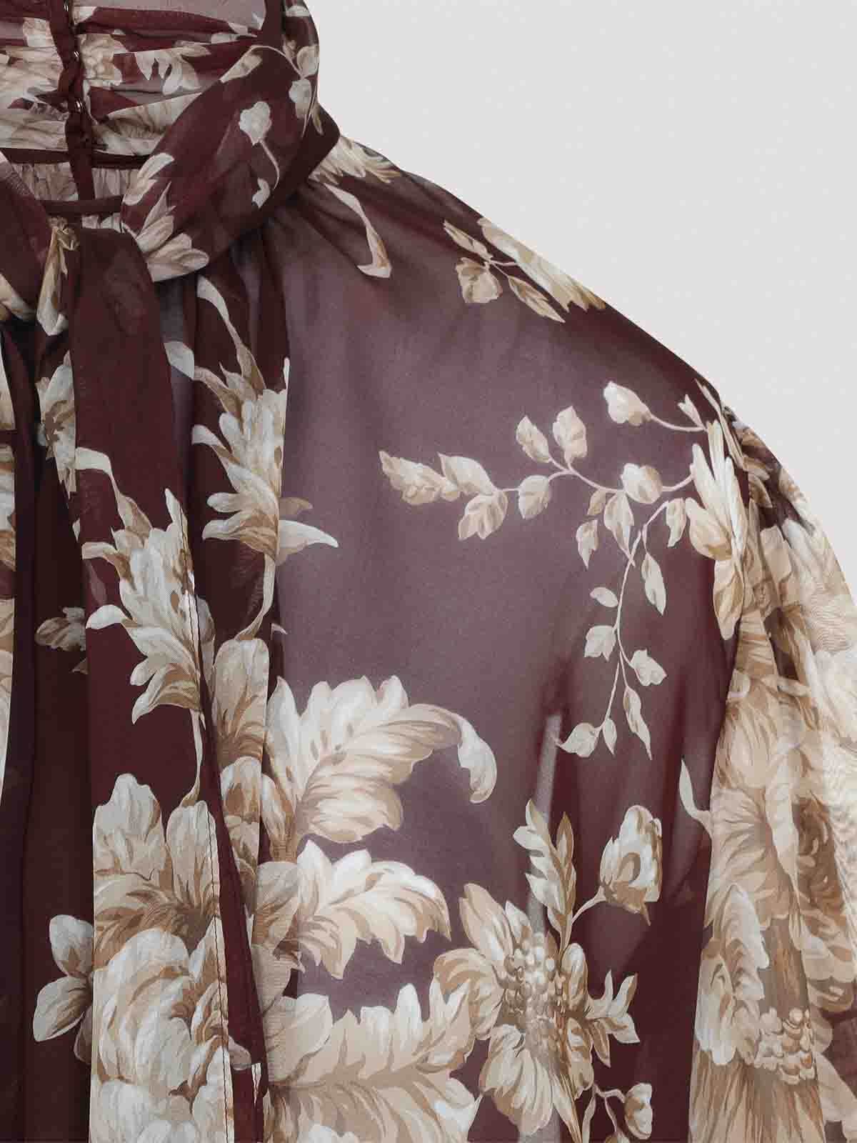 Dolce & Gabbana Chiffon Shirt With Rose Print In Burgundy