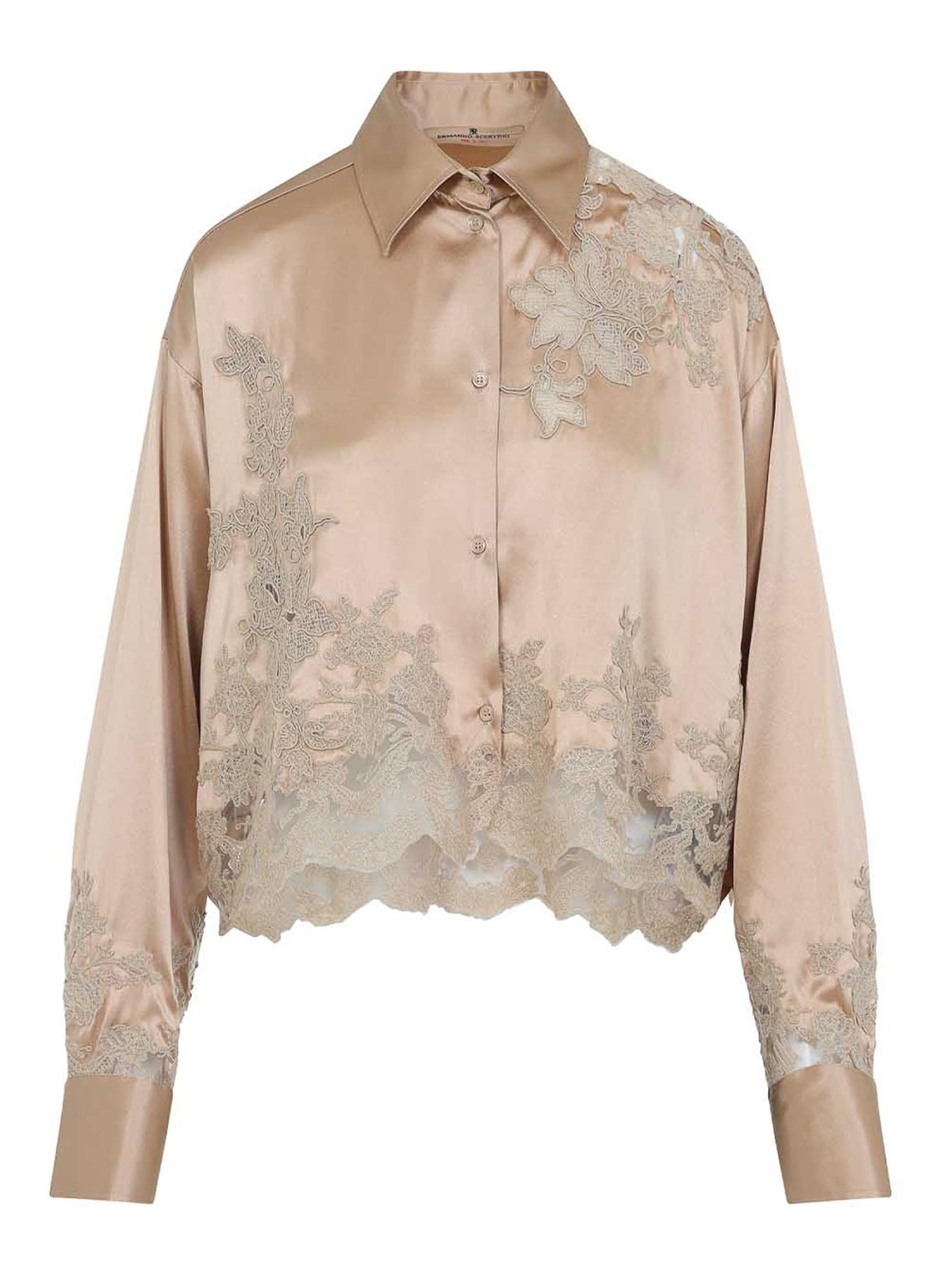 Ermanno Scervino Silk Shirt Embroidered Scalloped Hem In Brown