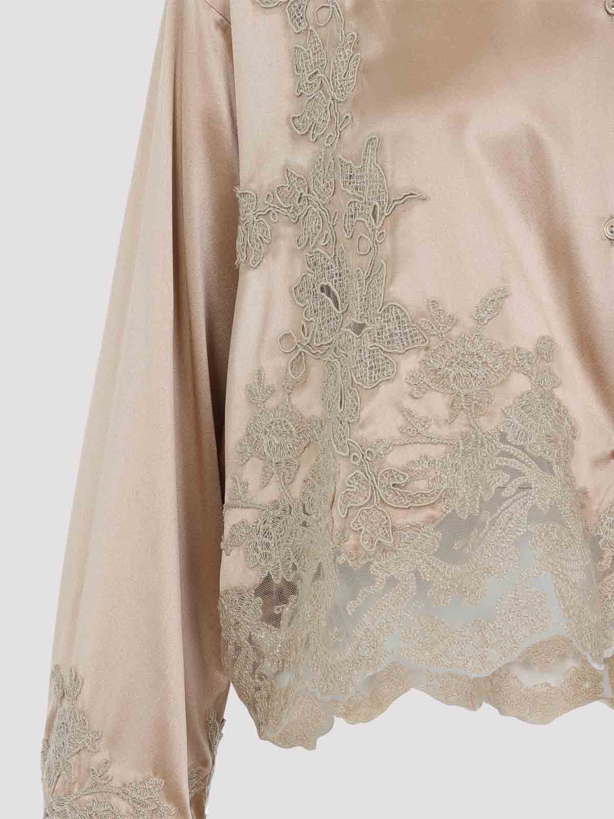 Ermanno Scervino Silk Shirt Embroidered Scalloped Hem In Brown