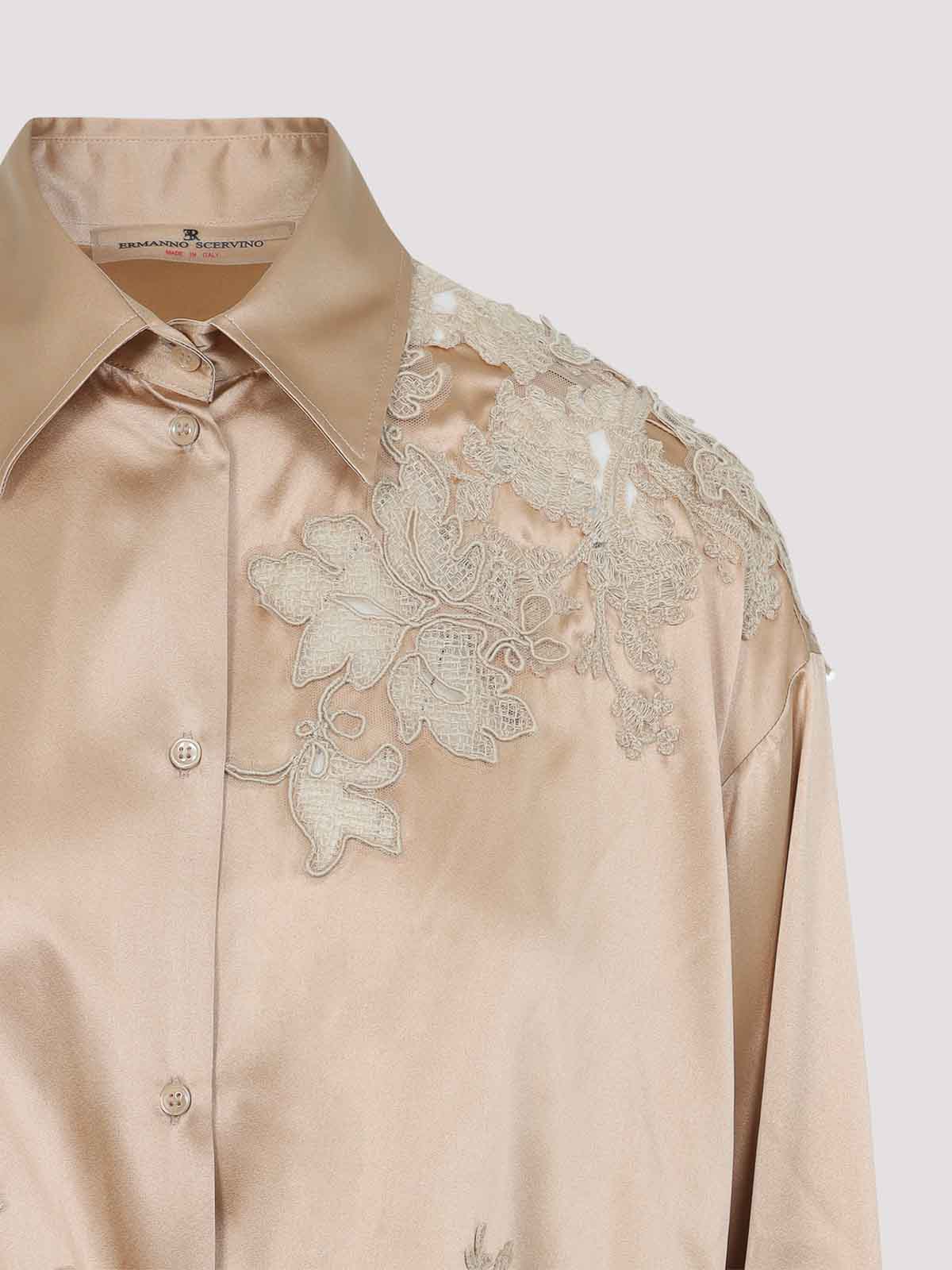 Ermanno Scervino Silk Shirt Embroidered Scalloped Hem In Brown