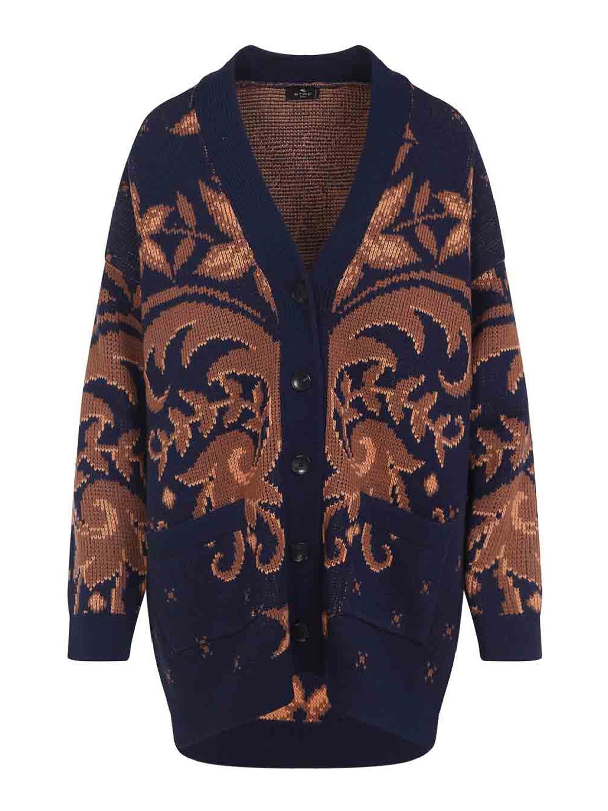 Etro Wool Jacquard V-neck Cardigan With Front Pockets In Blue