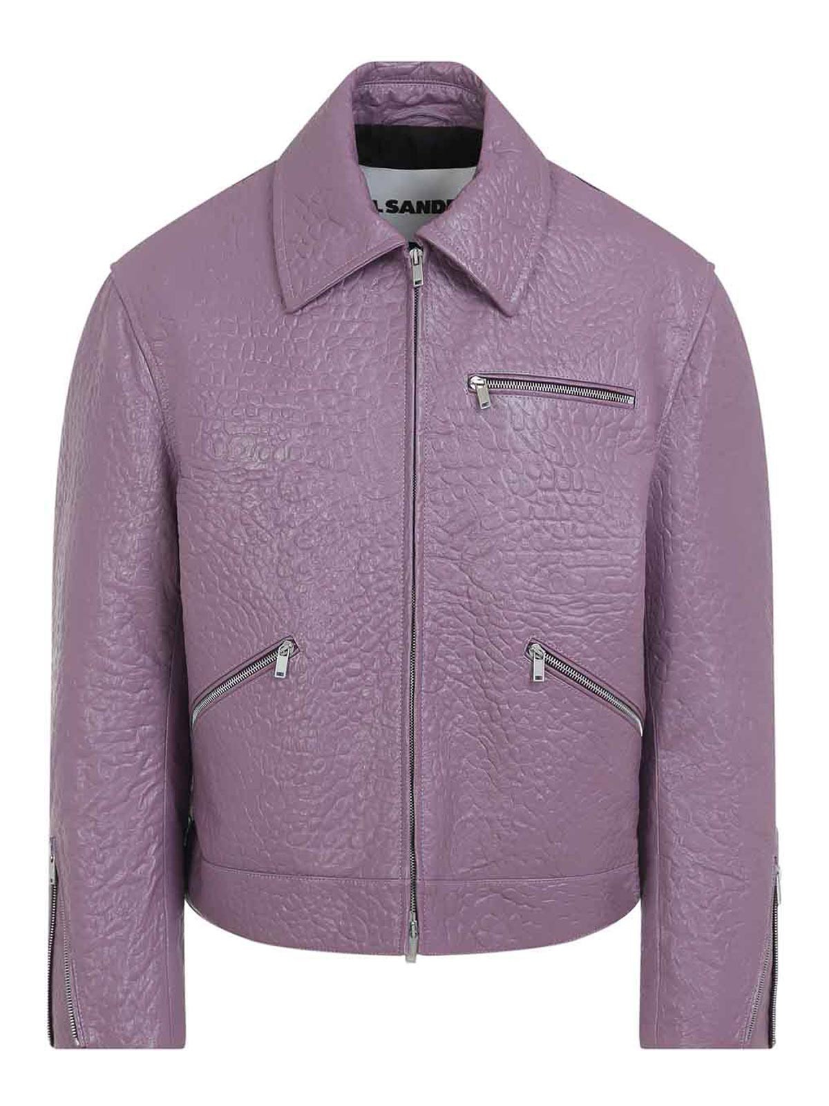 Jil Sander Textured Ovine Leather Jacket With Zip Pockets And Classic Collar In Purple