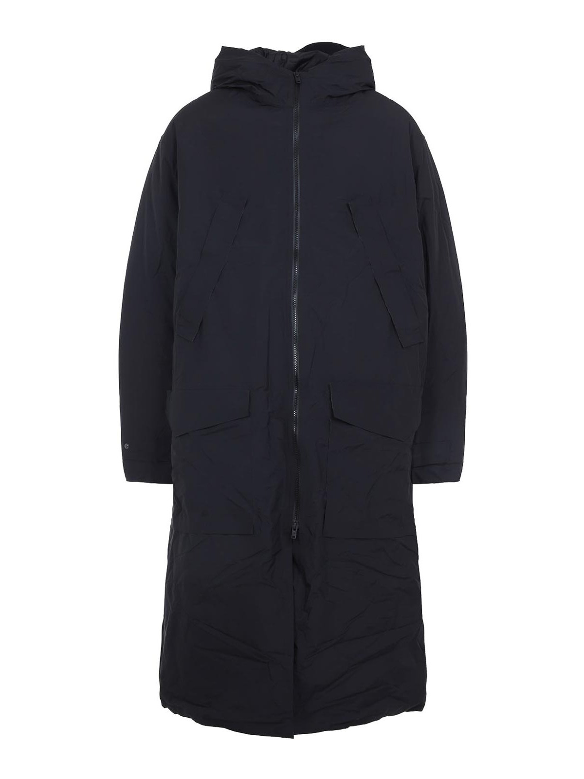Y-3 Minimalist Black Long Coat With Flap Pockets And Hood In Black