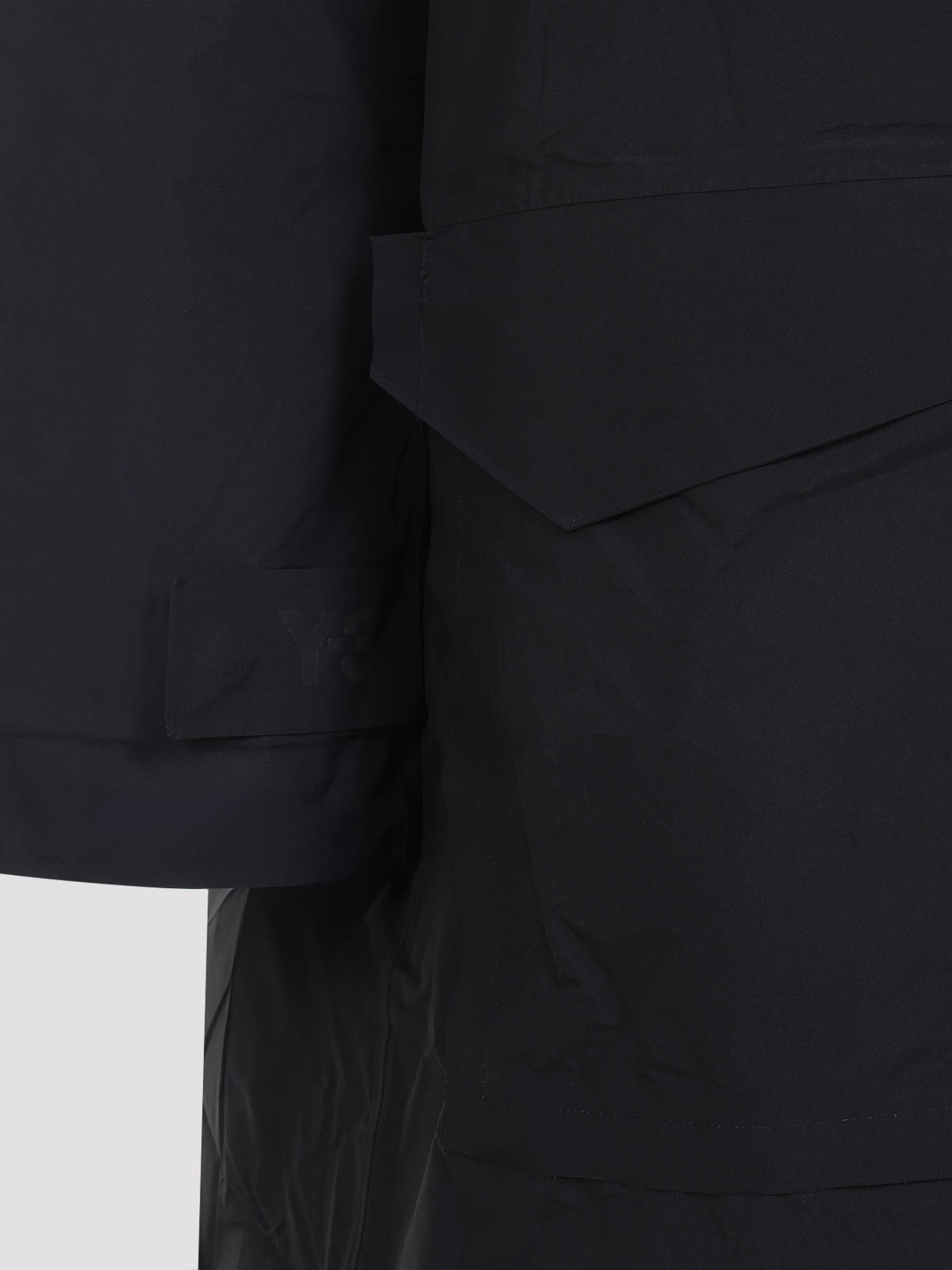 Y-3 Minimalist Black Long Coat With Flap Pockets And Hood In Black