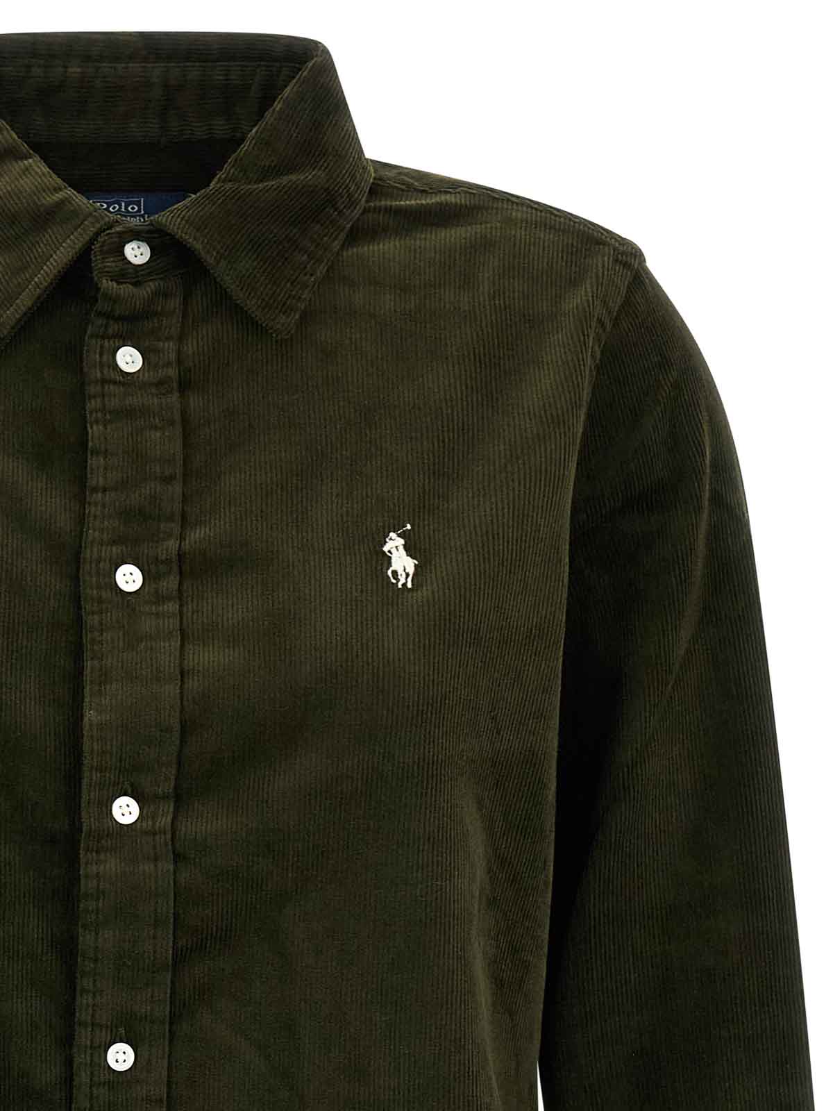 Polo Ralph Lauren Olive Long-sleeve Velvet Ribbed Shirt With Classic Collar In Black