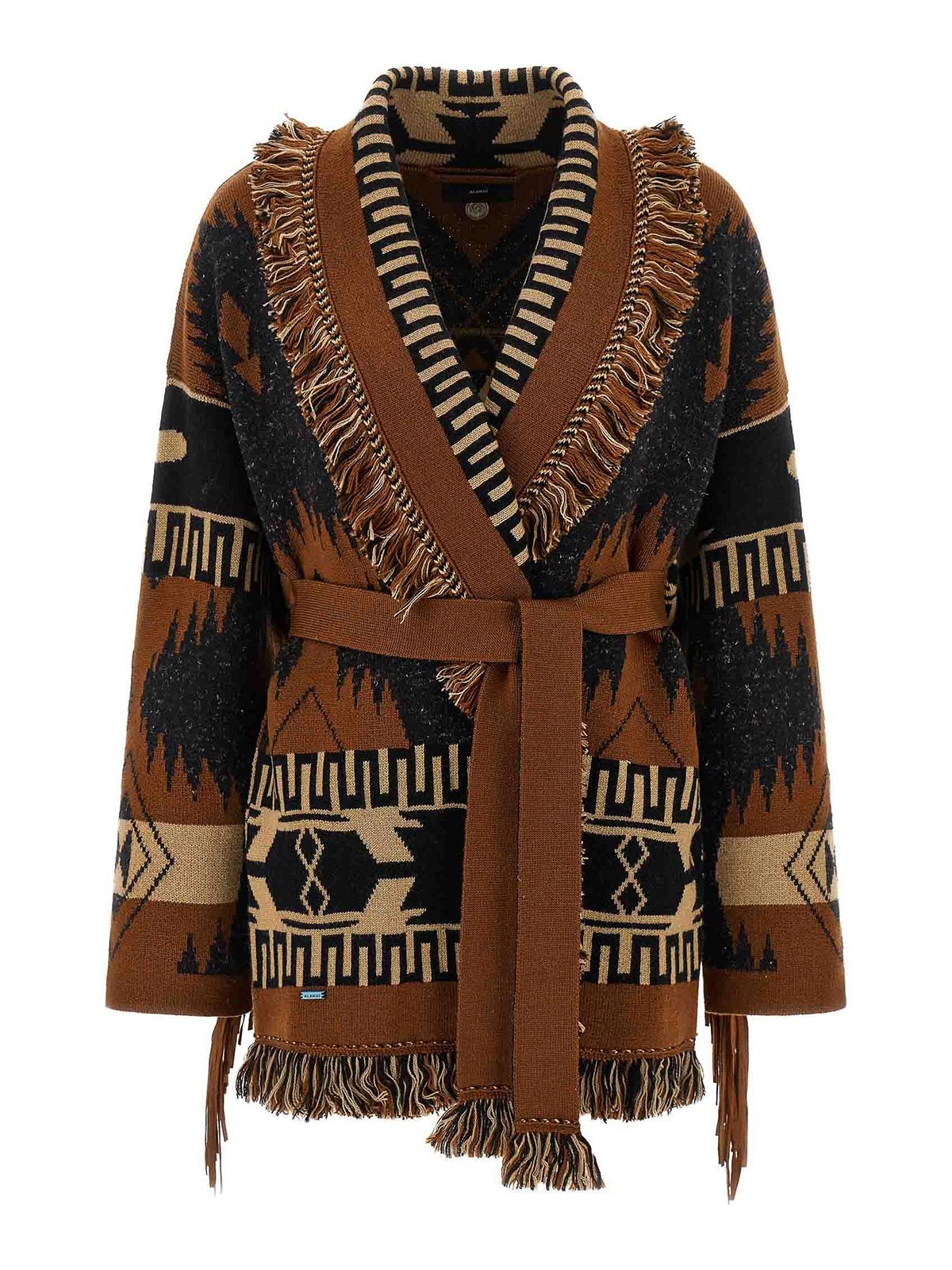 Alanui Geometric Pattern Cardigan Belted Waist In Brown
