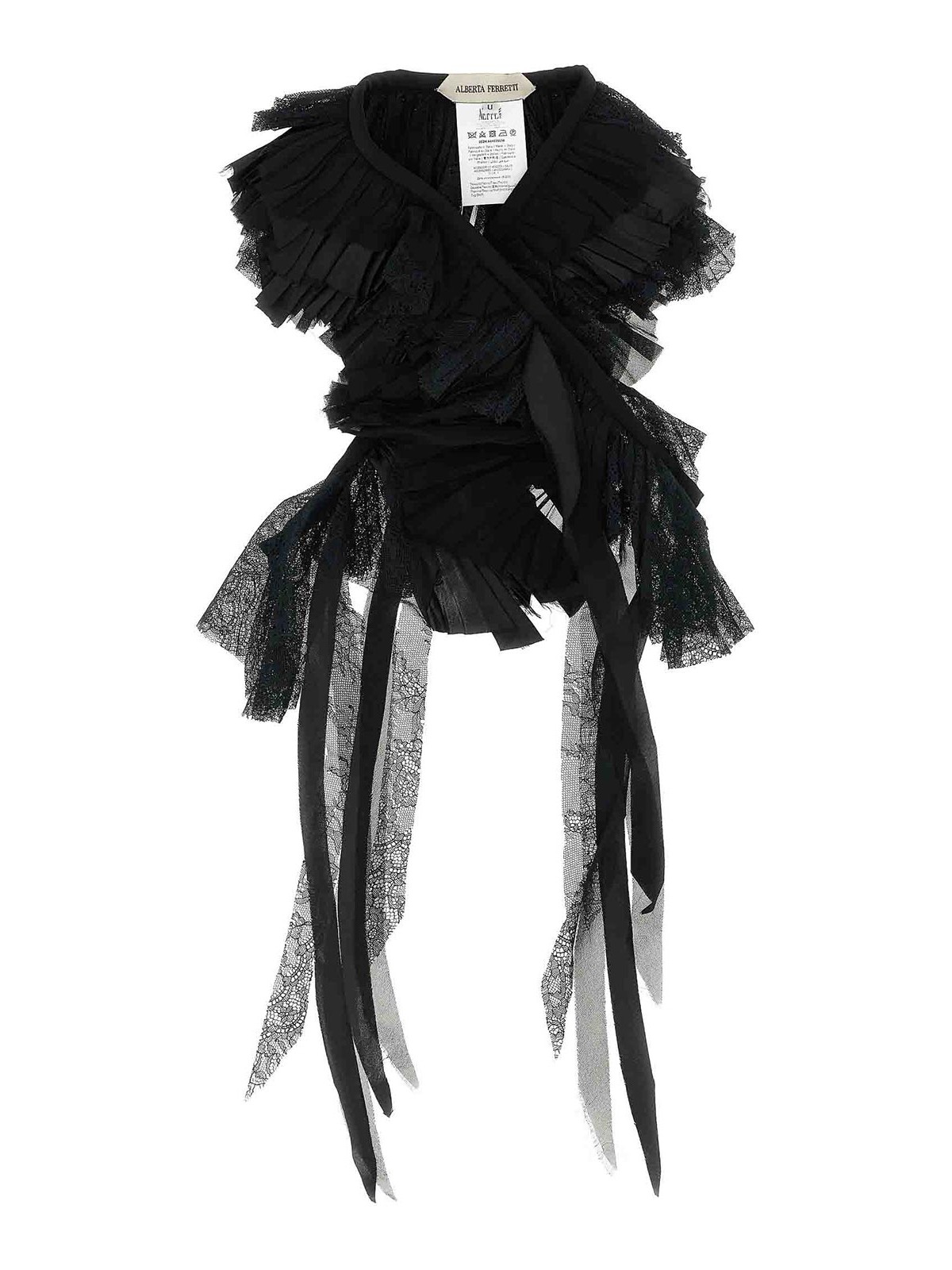 Alberta Ferretti Georgette Collar With Flounces And Lace Fringes In Black