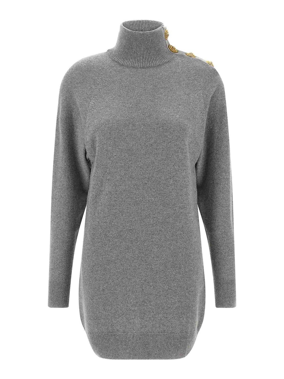 Balmain Cashmere Wool Turtleneck Dress Gold Button Detail In Gray