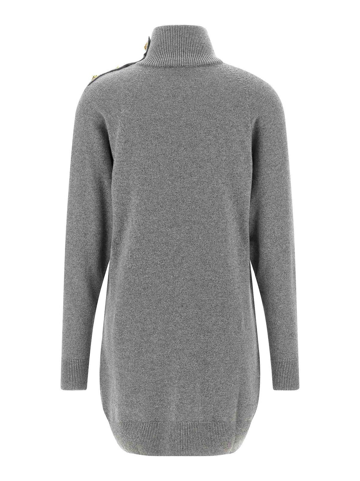 Balmain Cashmere Wool Turtleneck Dress Gold Button Detail In Gray