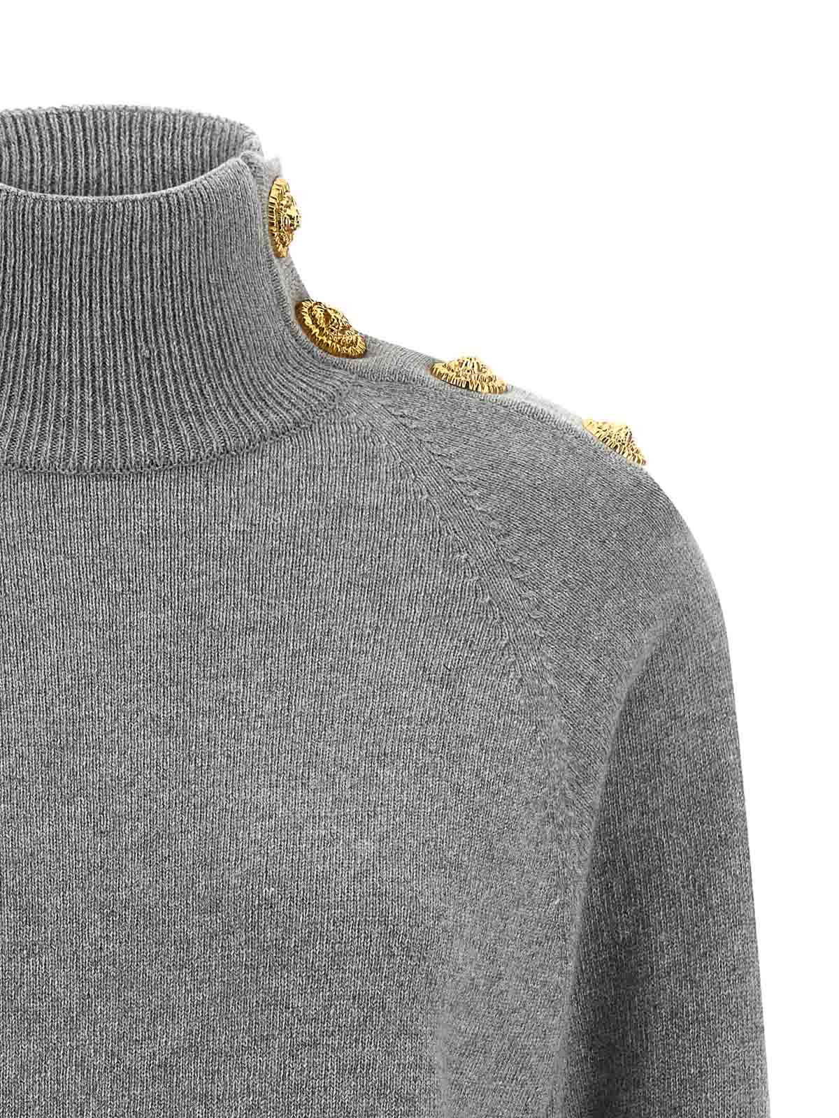 Balmain Cashmere Wool Turtleneck Dress Gold Button Detail In Gray