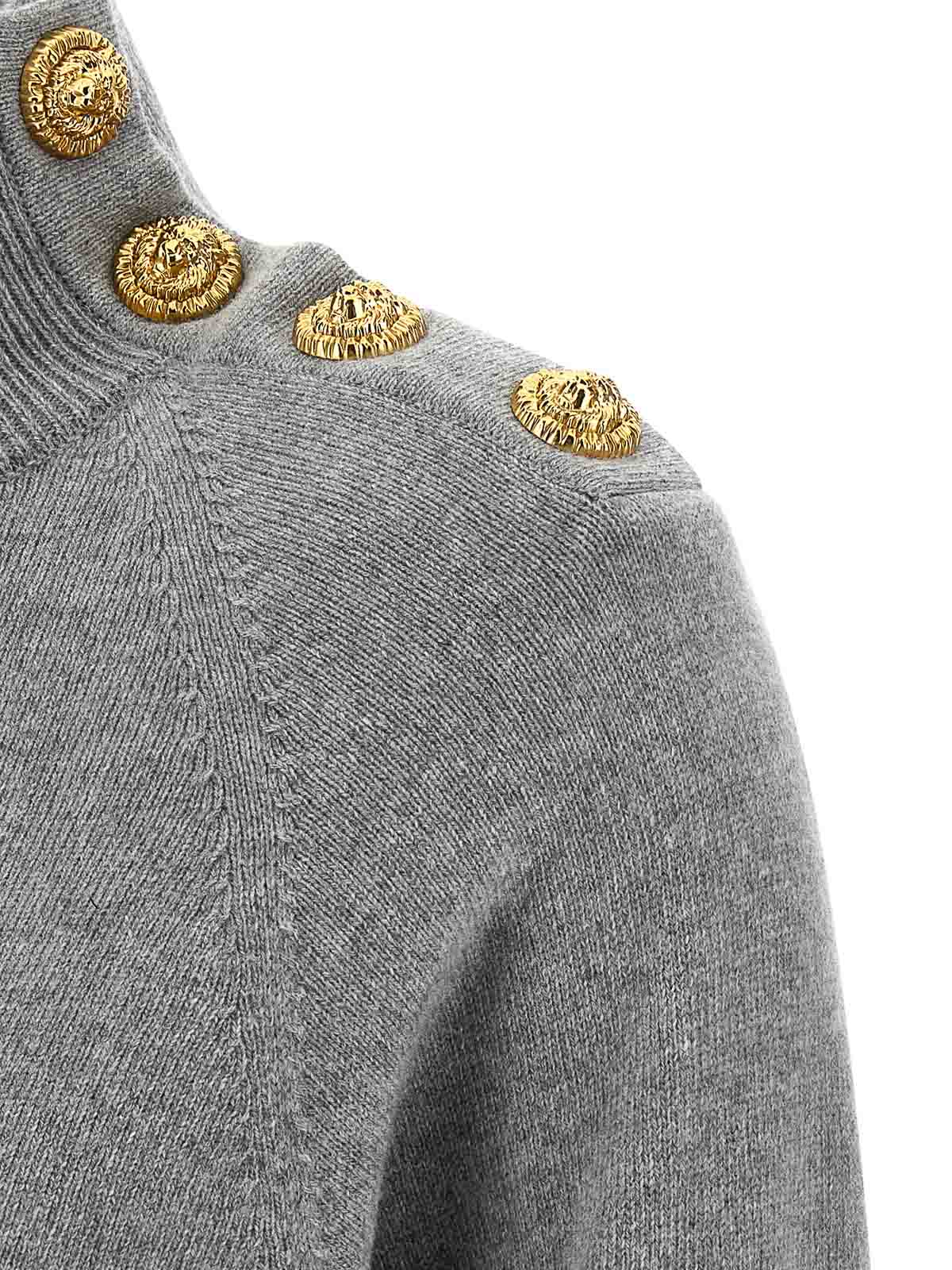 Balmain Cashmere Wool Turtleneck Dress Gold Button Detail In Gray