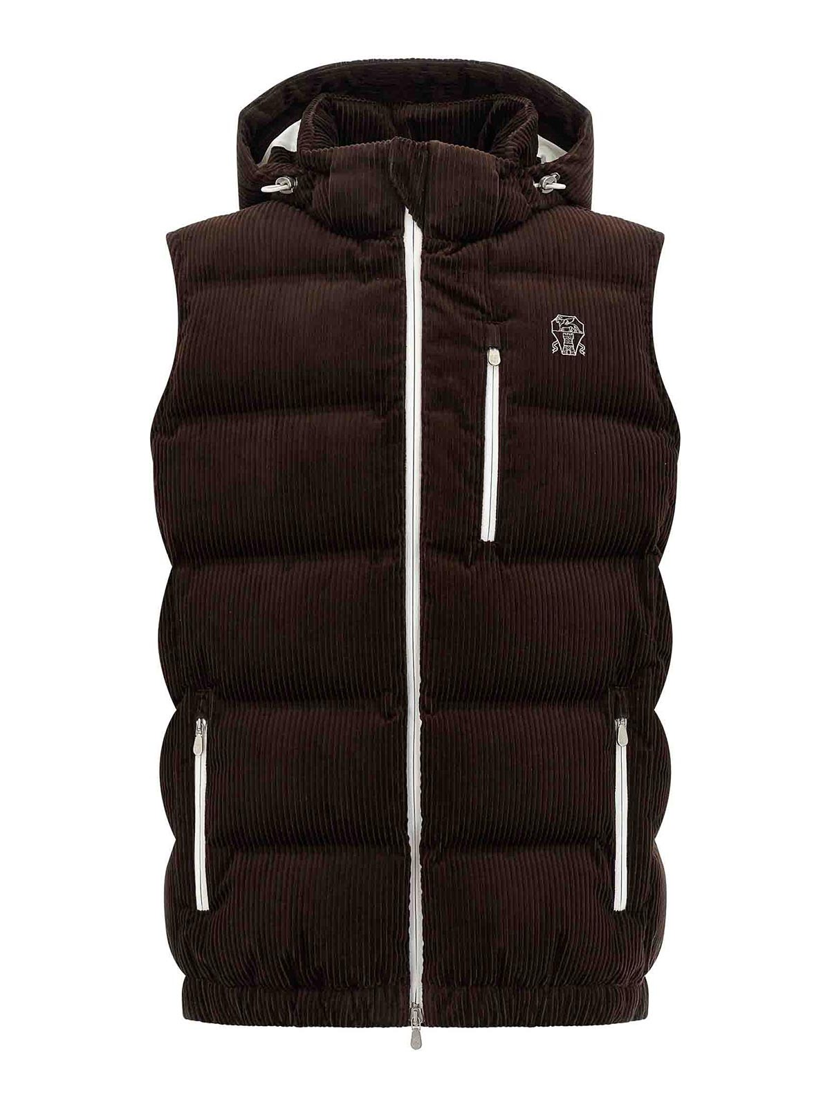 Brunello Cucinelli Velvet Padded Hooded Sleeveless Gilet In Brown