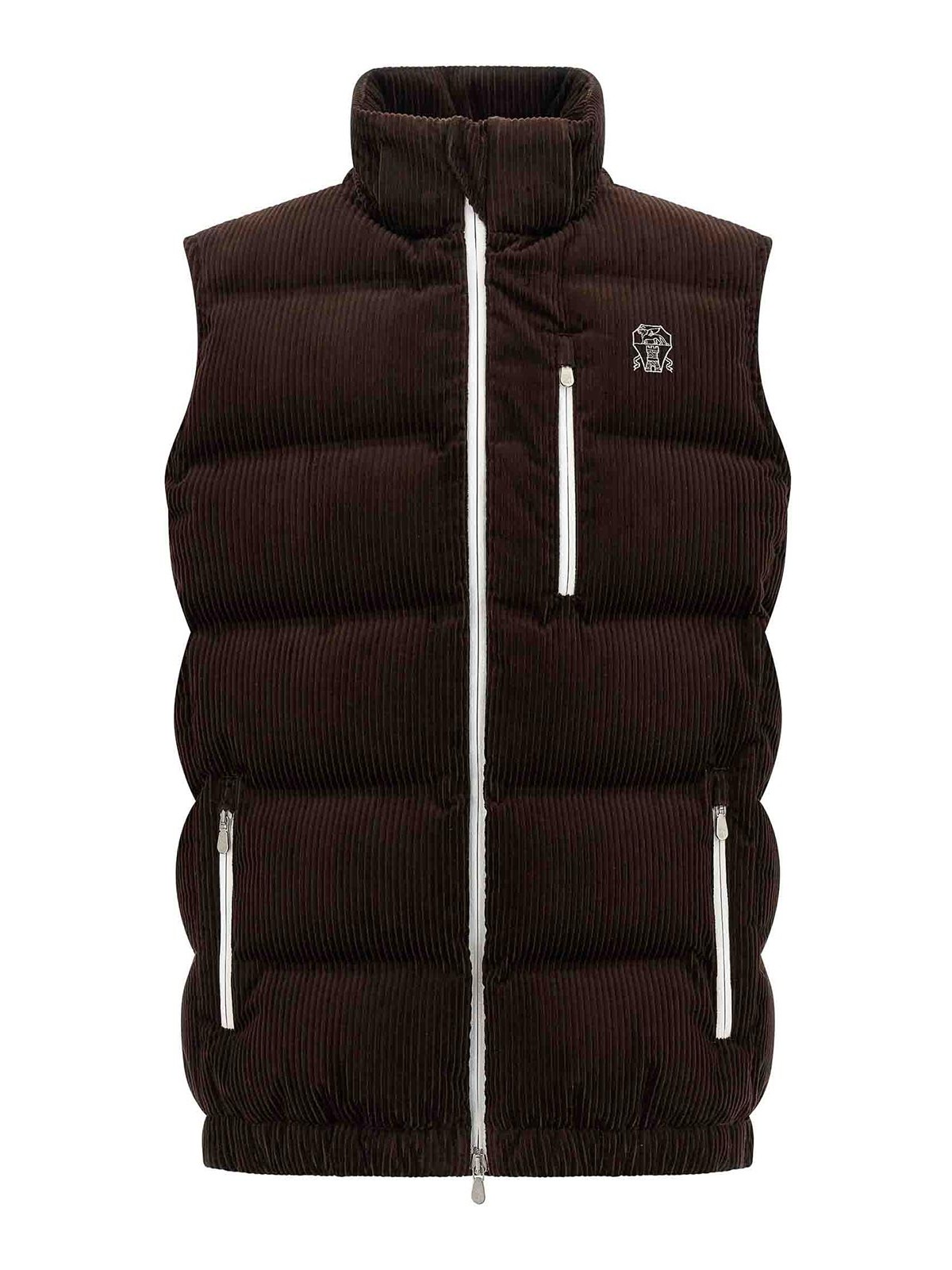 Brunello Cucinelli Velvet Padded Hooded Sleeveless Gilet In Brown