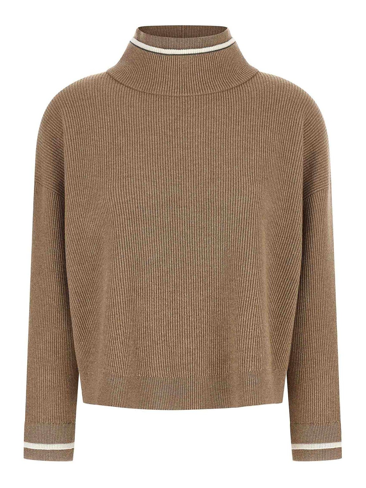 Brunello Cucinelli Ribbed Mock Neck Sweater With Contrast Trim In Brown