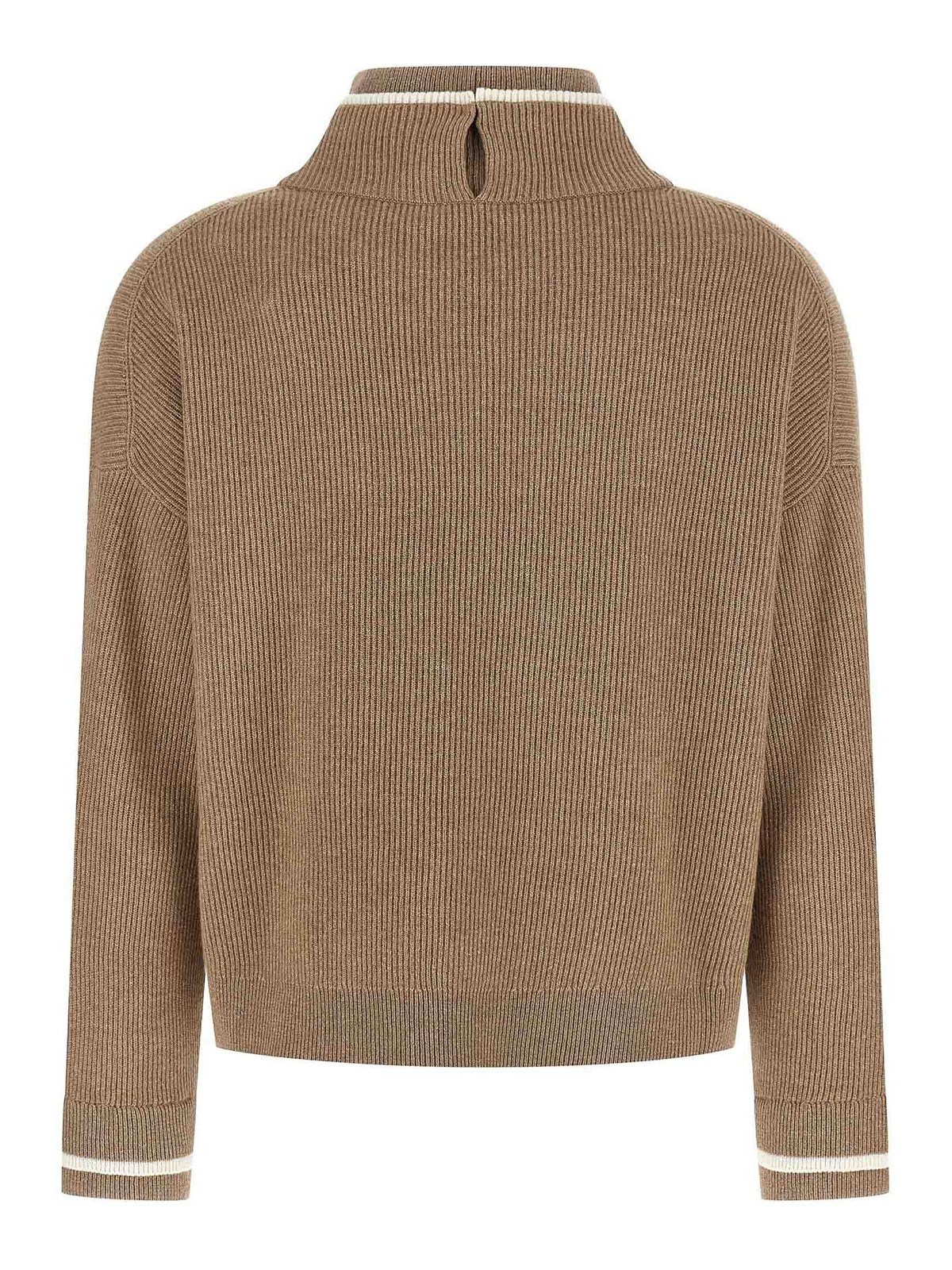Brunello Cucinelli Ribbed Mock Neck Sweater With Contrast Trim In Brown
