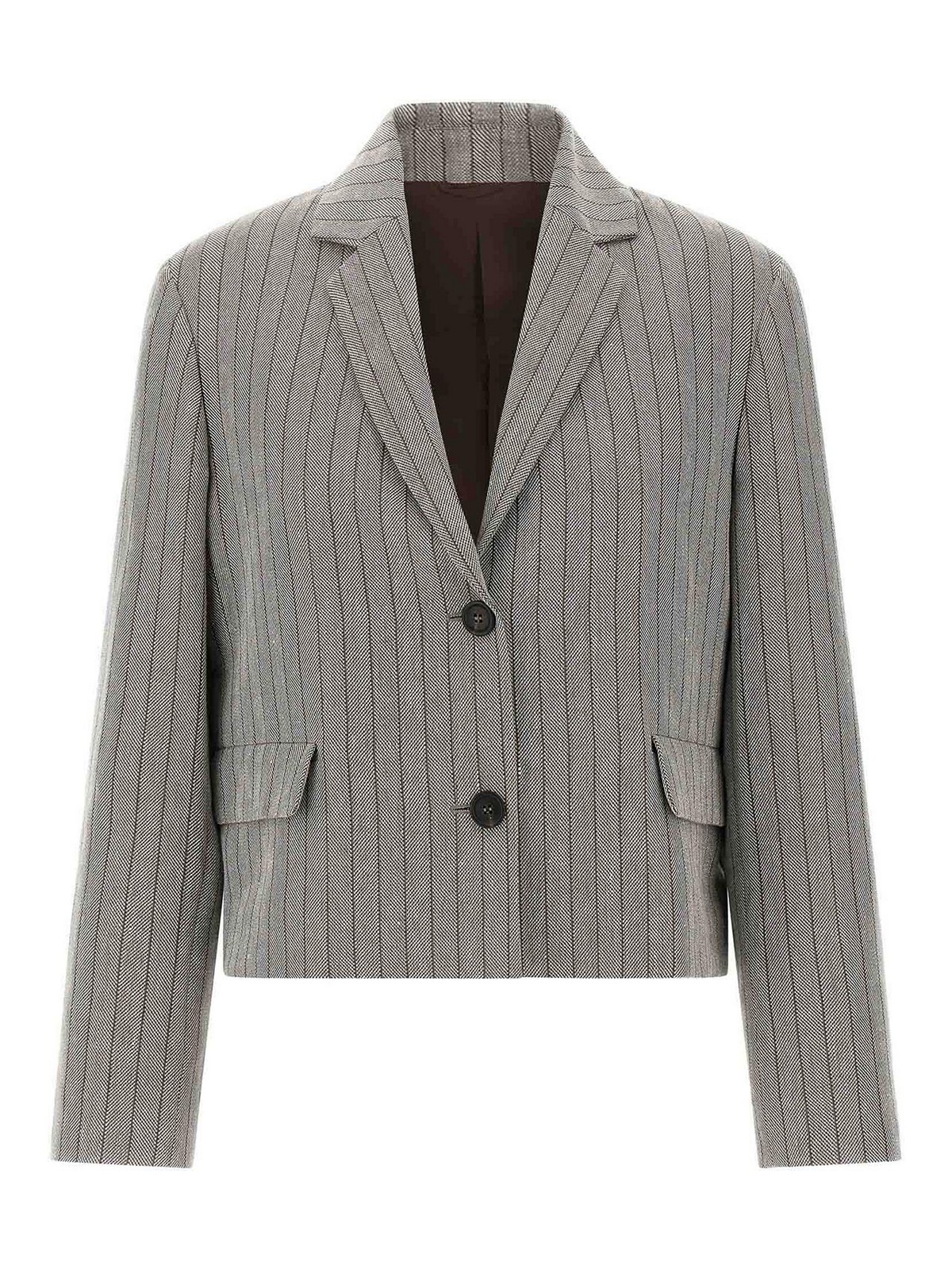 Brunello Cucinelli Grey Jacket With Notched Revers And All-over Striped Motif In Linen Blend Woman In Gray