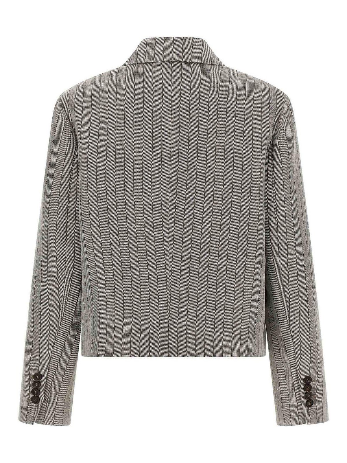 Brunello Cucinelli Grey Jacket With Notched Revers And All-over Striped Motif In Linen Blend Woman In Gray