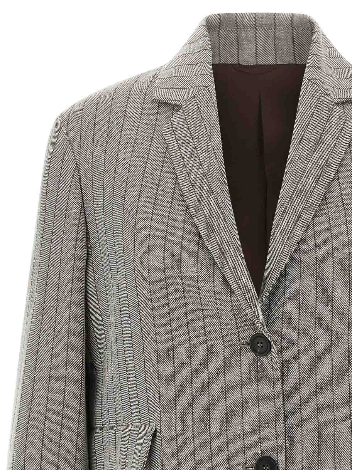 Brunello Cucinelli Grey Jacket With Notched Revers And All-over Striped Motif In Linen Blend Woman In Gray
