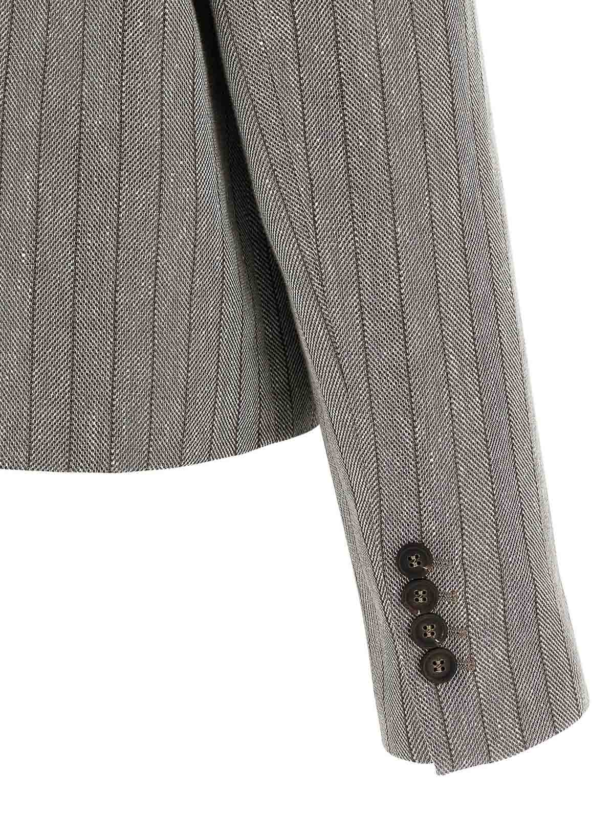 Brunello Cucinelli Grey Jacket With Notched Revers And All-over Striped Motif In Linen Blend Woman In Gray