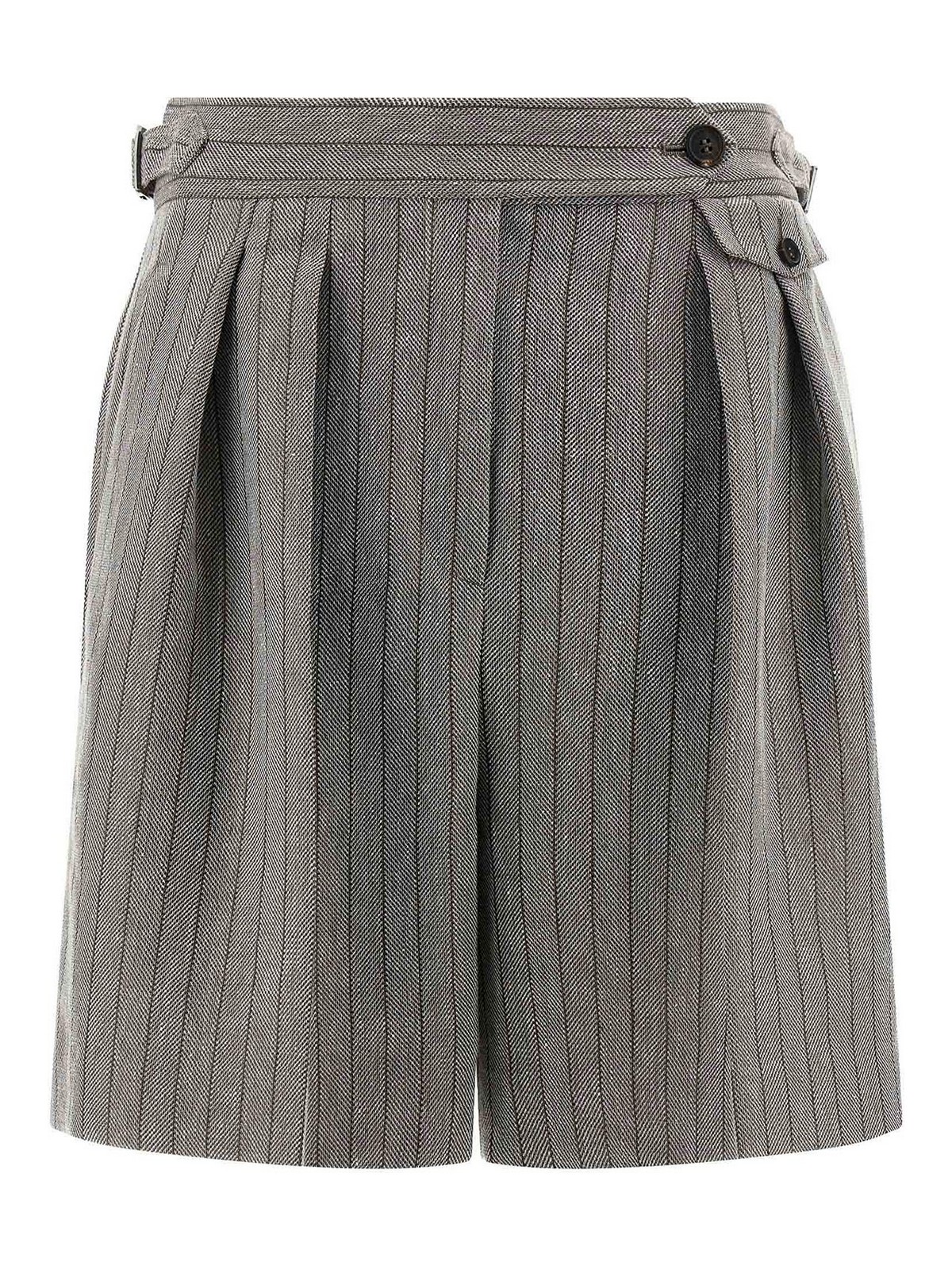 Brunello Cucinelli Grey Bermuda Panrs With Off-centered Button Closure And All-over Striped Motif In Linen Blend Woman In Multi