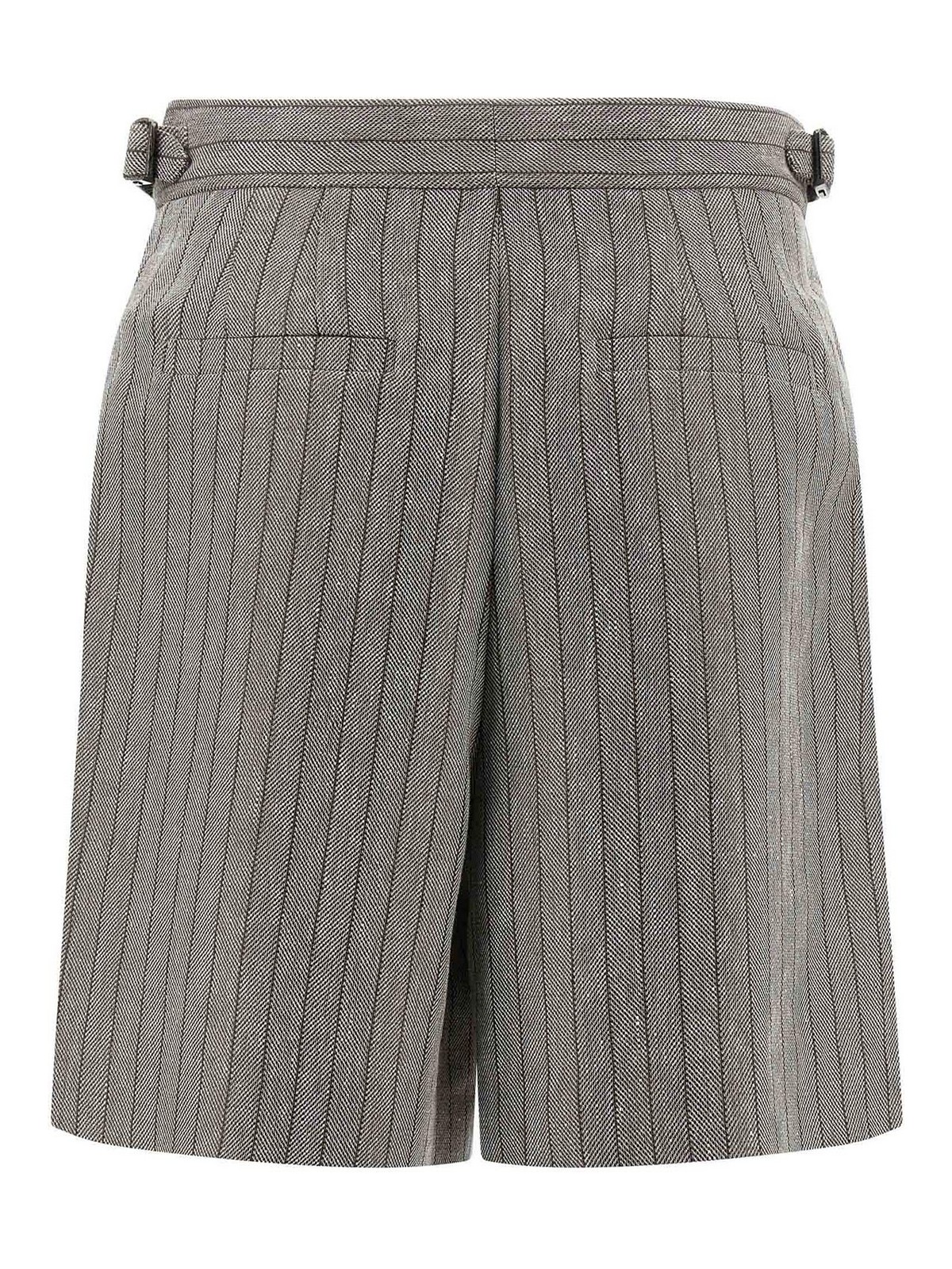 Brunello Cucinelli Grey Bermuda Panrs With Off-centered Button Closure And All-over Striped Motif In Linen Blend Woman In Multi