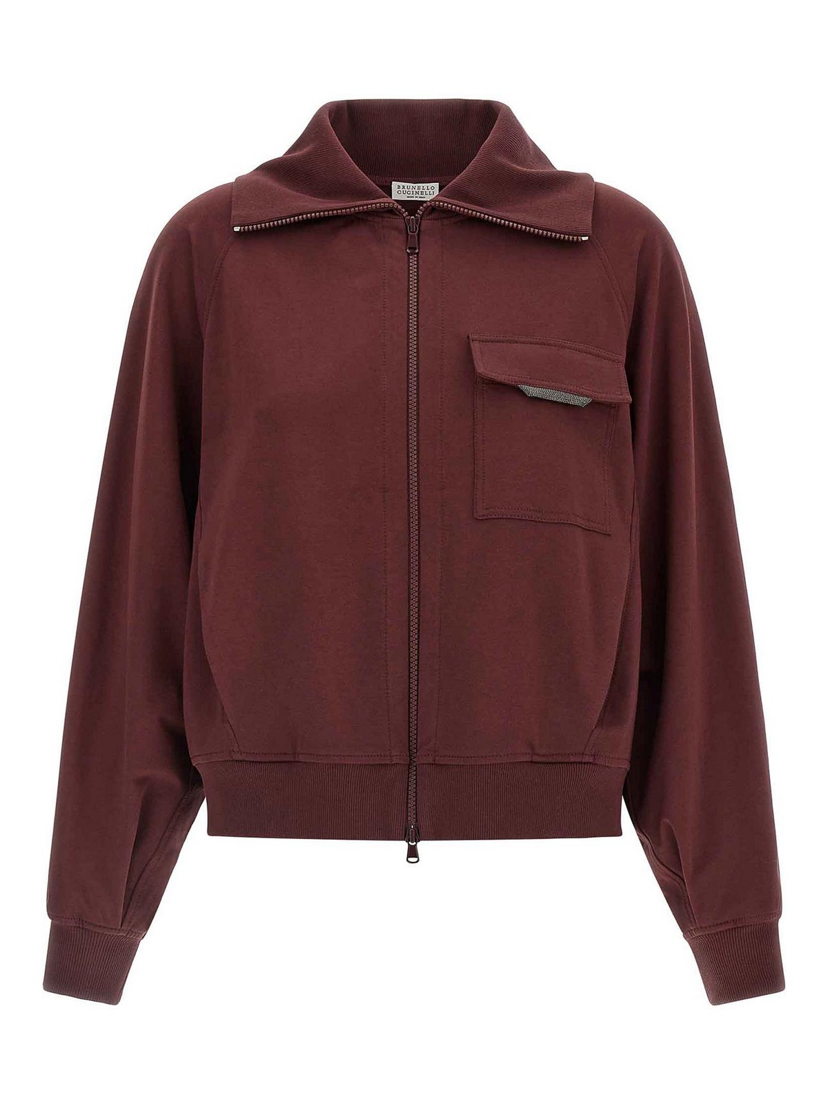 Brunello Cucinelli Collared Neck Sweatshirt With Shiny Flap Detail In Burgundy