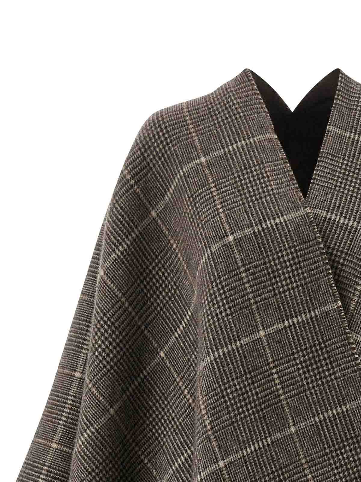 Brunello Cucinelli Reversible Poncho With Fringe And Plaid In Brown