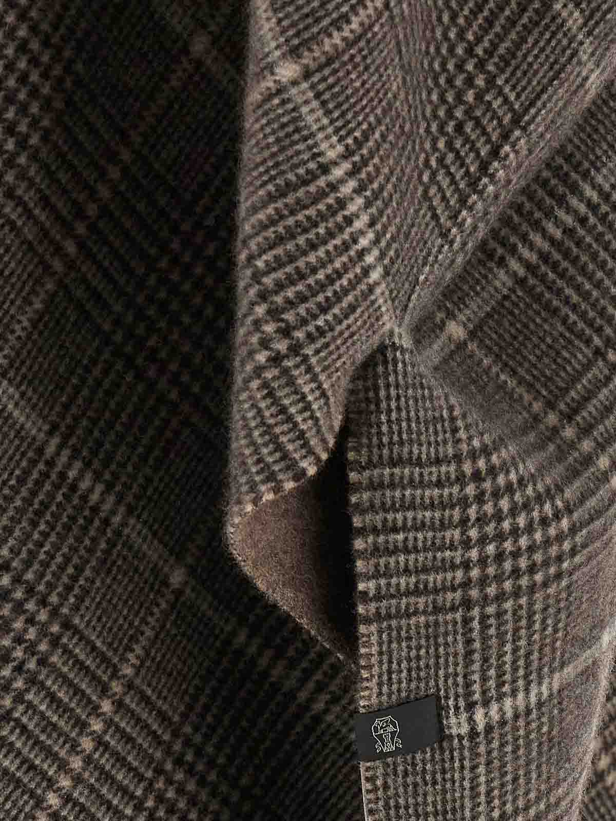 Brunello Cucinelli Reversible Poncho With Fringe And Plaid In Brown