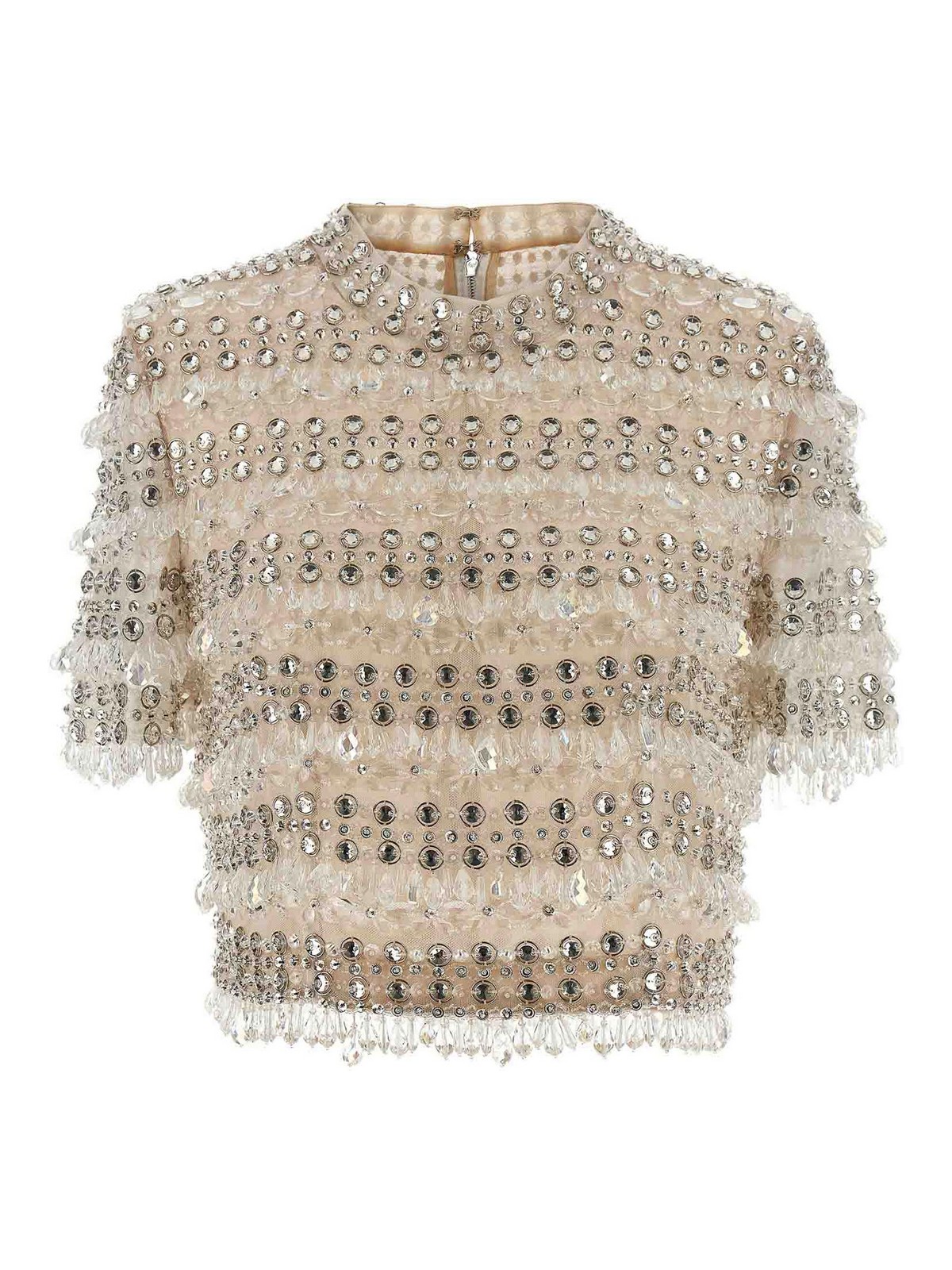 Carolina Herrera Crystal-embellished Short-sleeved Top In Gray