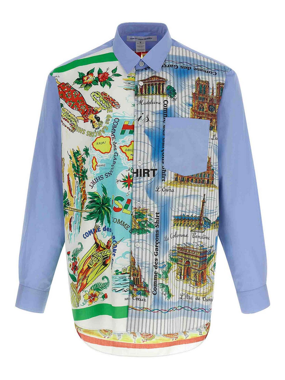 Comme Des Garçons Asymmetric Hem Shirt With Vibrant Landmark Prints In Blue
