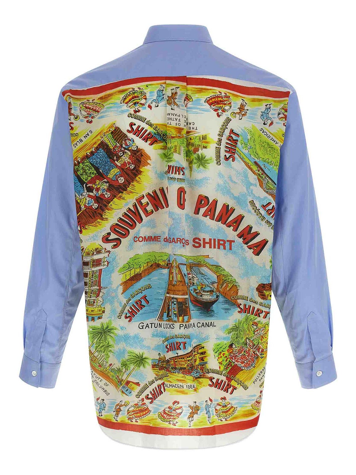 Comme Des Garçons Asymmetric Hem Shirt With Vibrant Landmark Prints In Blue