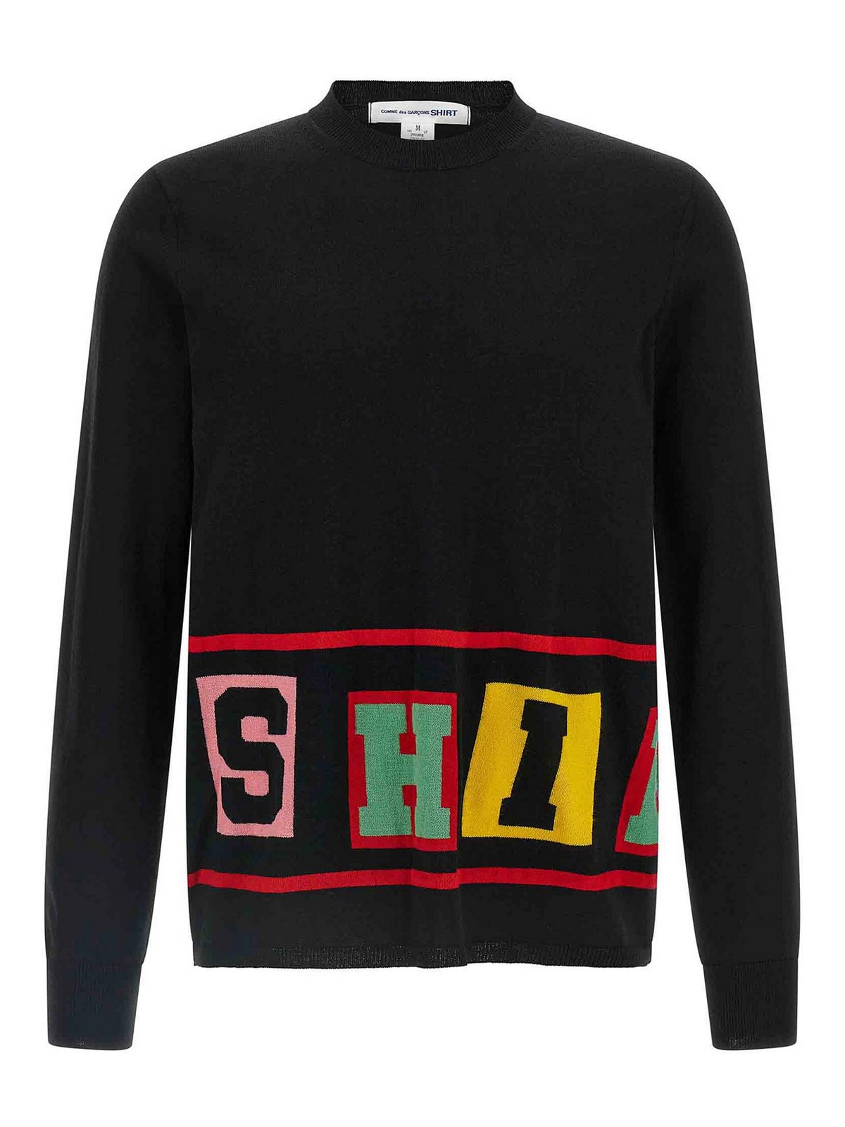 Comme Des Garçons Intarsia Knit Sweater With Colorful Lettering In Black