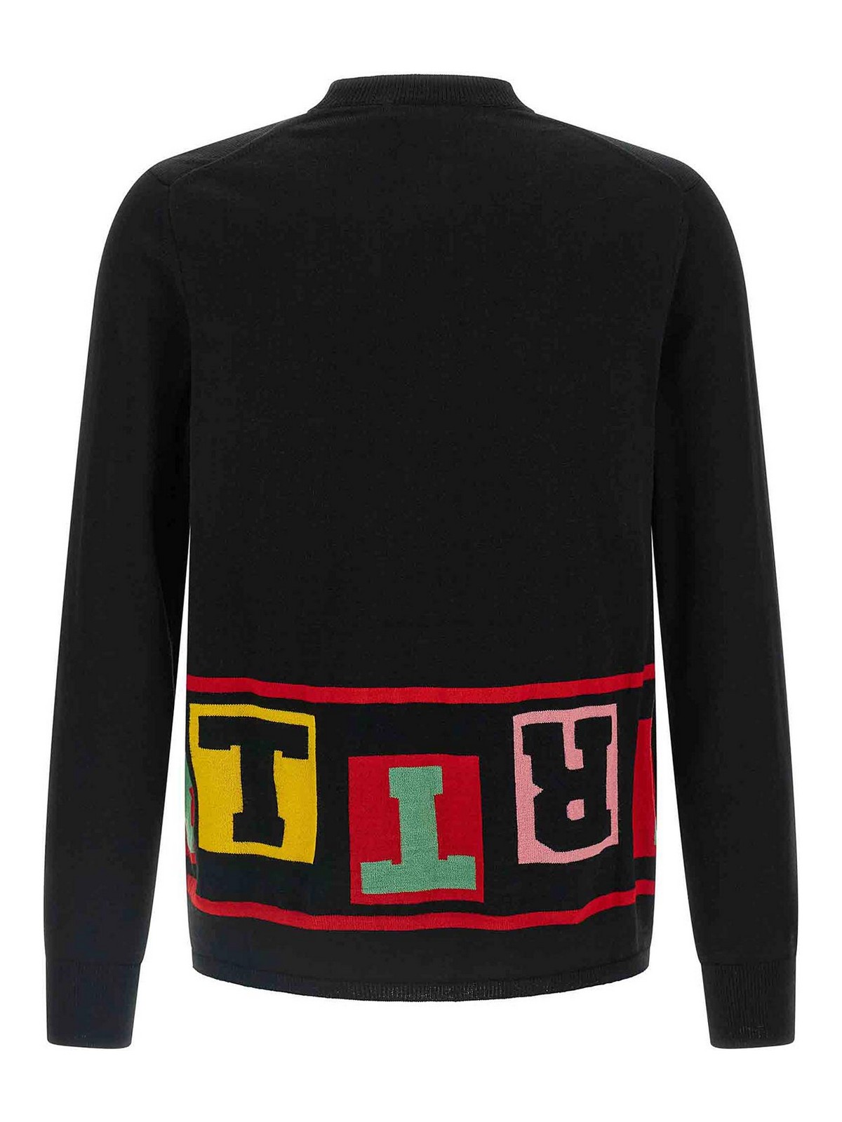 Comme Des Garçons Intarsia Knit Sweater With Colorful Lettering In Black