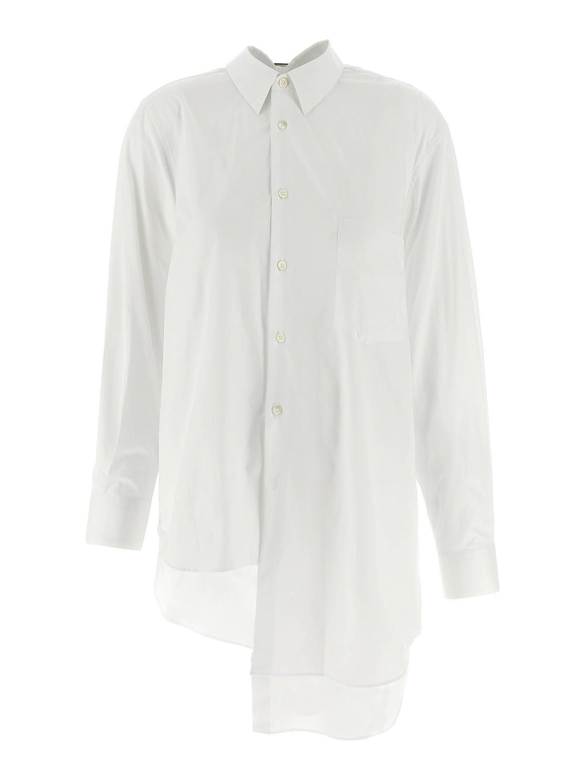 Comme Des Garçons Asymmetric Hem Shirt With Front Button Closure And Unique Silhouette In White