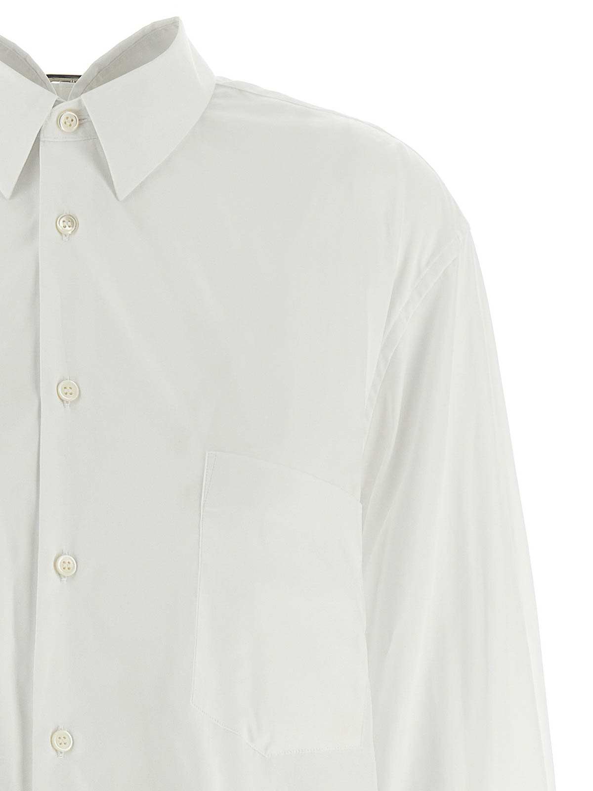 Comme Des Garçons Asymmetric Hem Shirt With Front Button Closure And Unique Silhouette In White