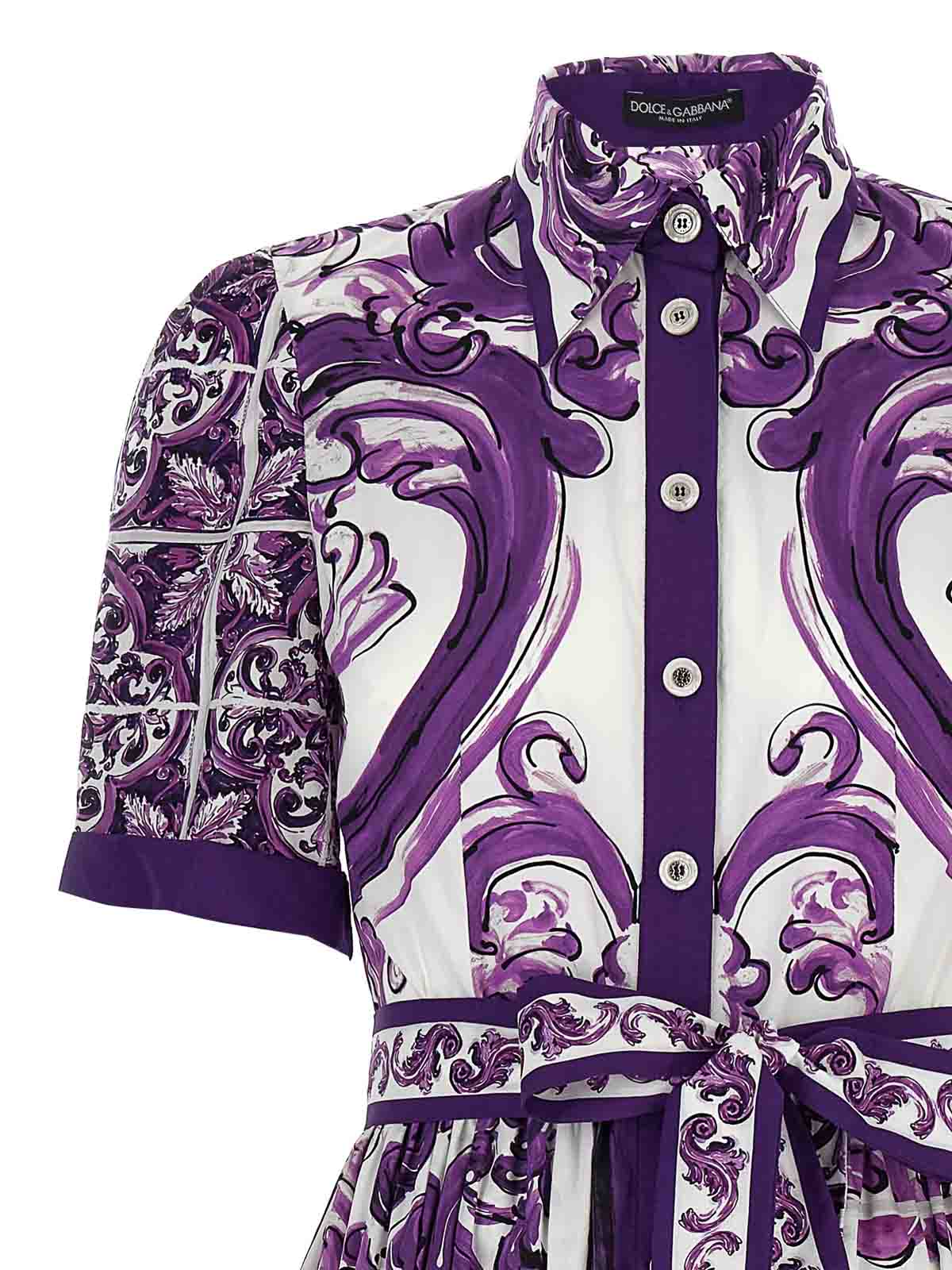 Dolce & Gabbana Maiolica Print Cotton Shirtdress In Purple