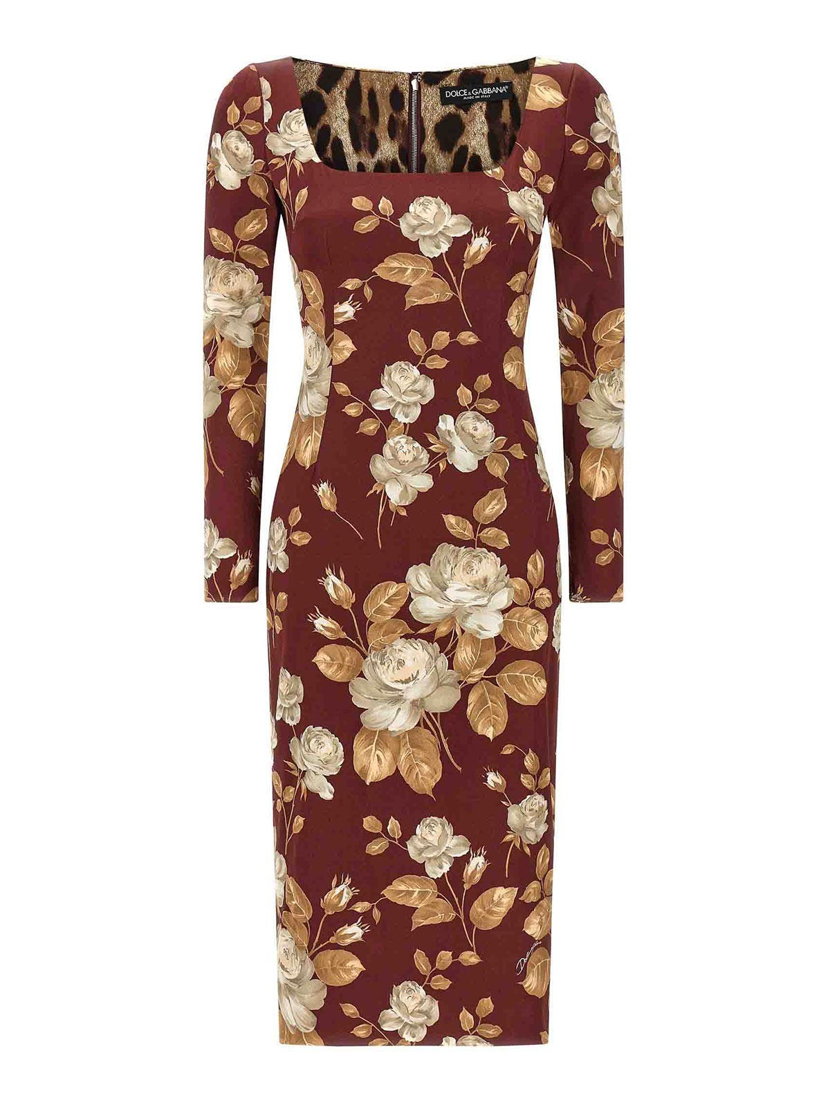 Dolce & Gabbana Vintage Rose Print Satin Midi Pencil Dress In Multi