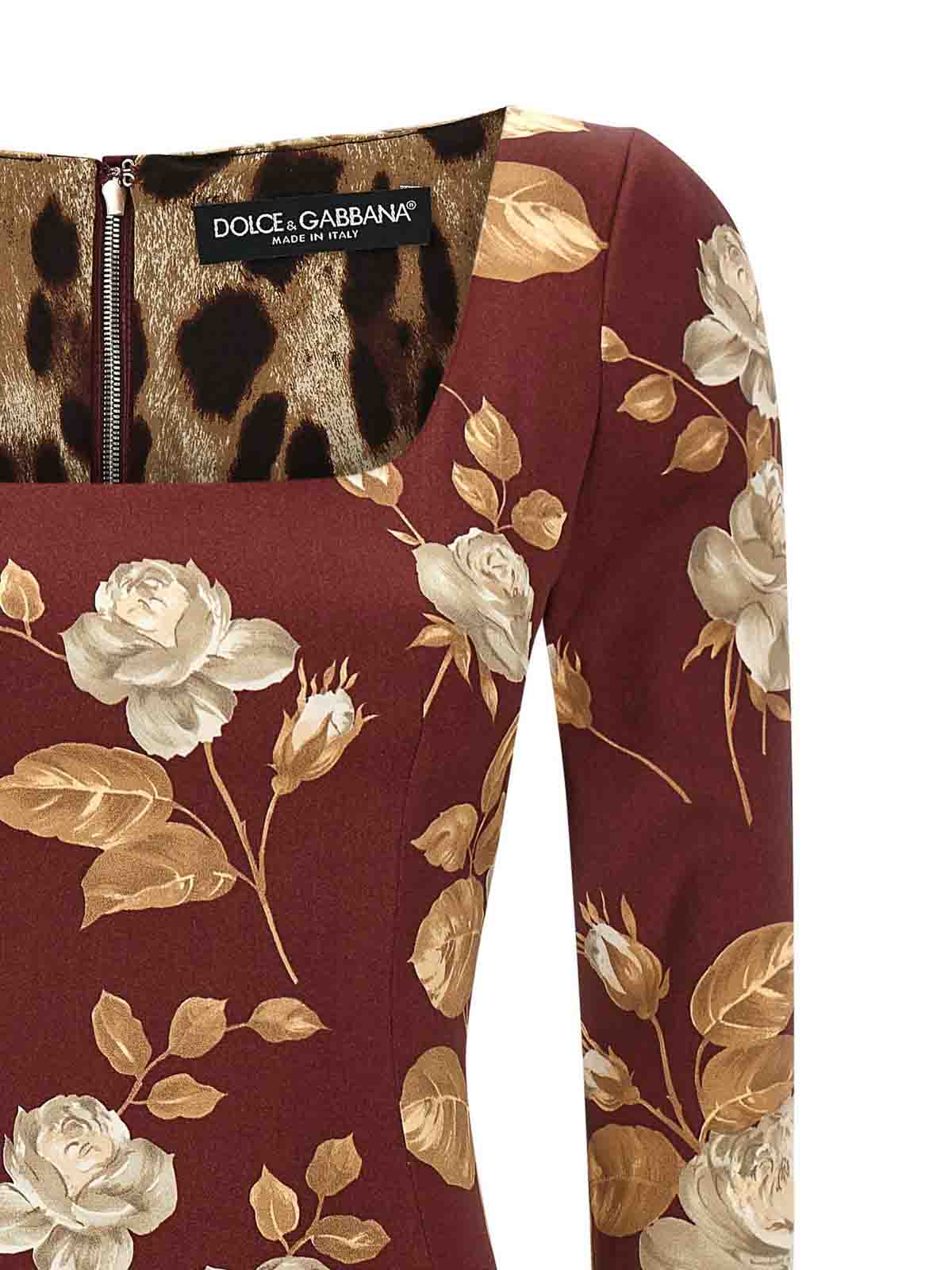 Dolce & Gabbana Vintage Rose Print Satin Midi Pencil Dress In Multi