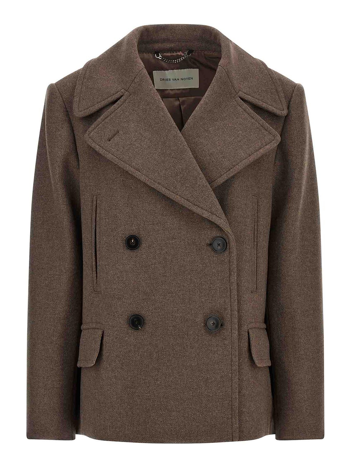 Dries Van Noten Pleated Back Double-breasted Coat With Lapels And Pockets In Brown