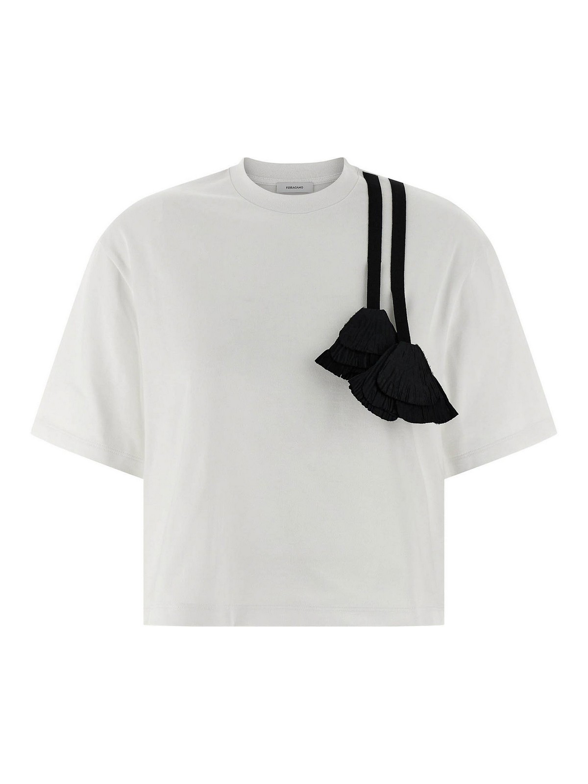 Ferragamo T-shirt With Floral Detail And Tassels In White