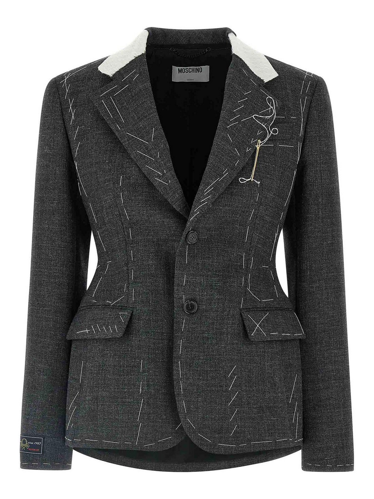 Moschino Embroidered Wool Canvas Jacket With Notch Lapel In Gray