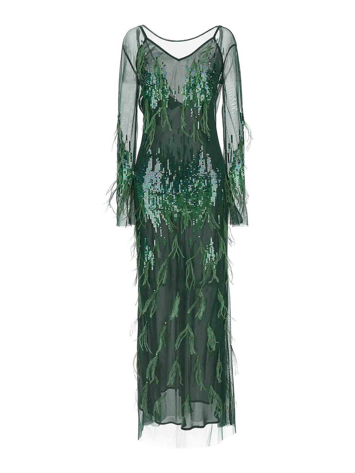 Pinko Dress With Sequins And Feathers In Green