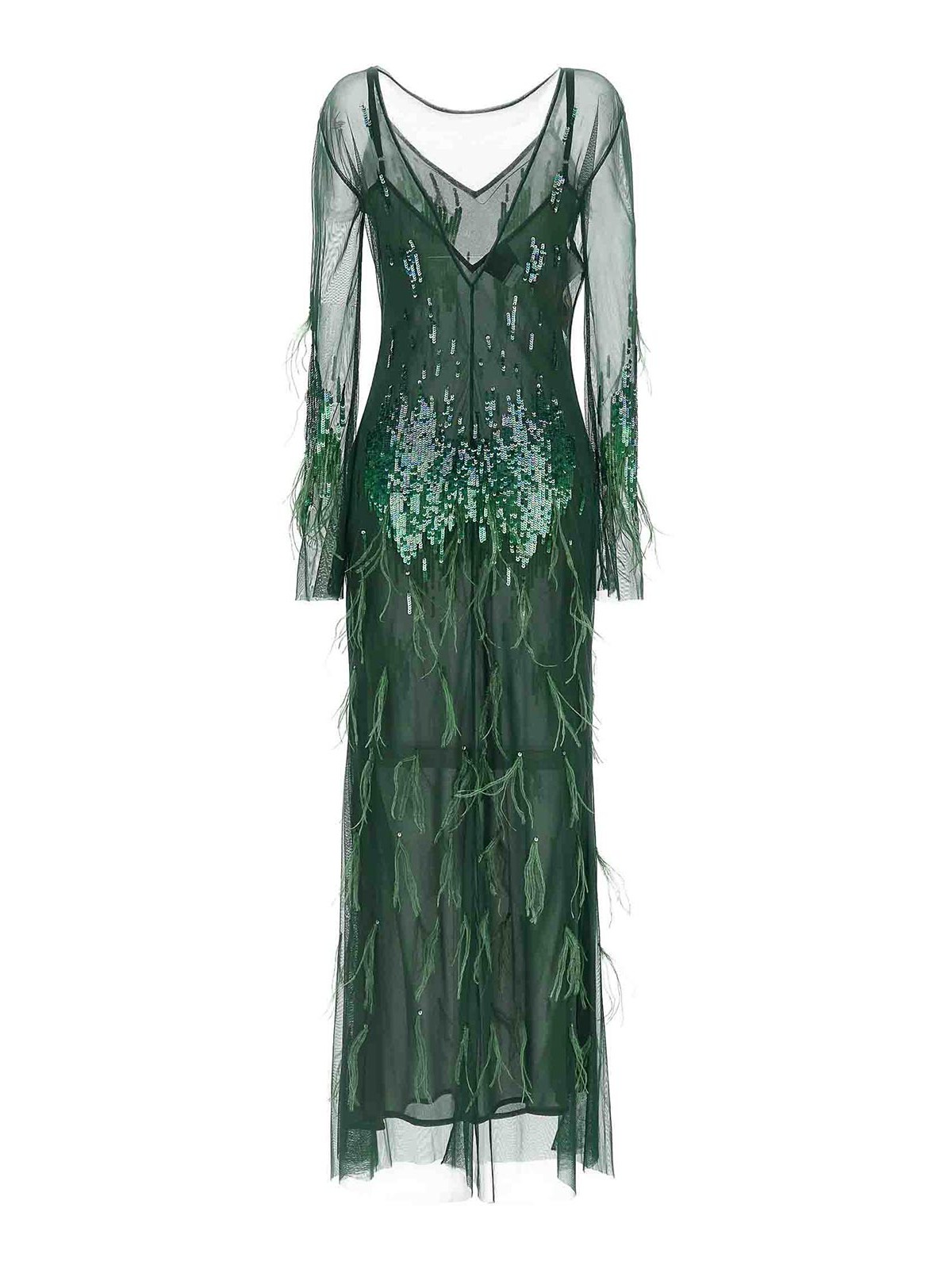 Pinko Dress With Sequins And Feathers In Green