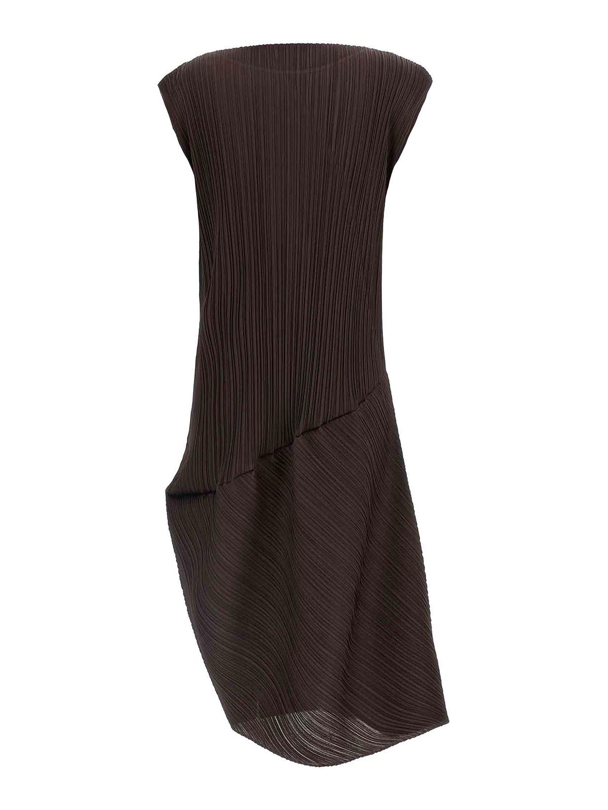 Issey Miyake Midi Dress With Asymmetric Hem And Cap Sleeves In Brown