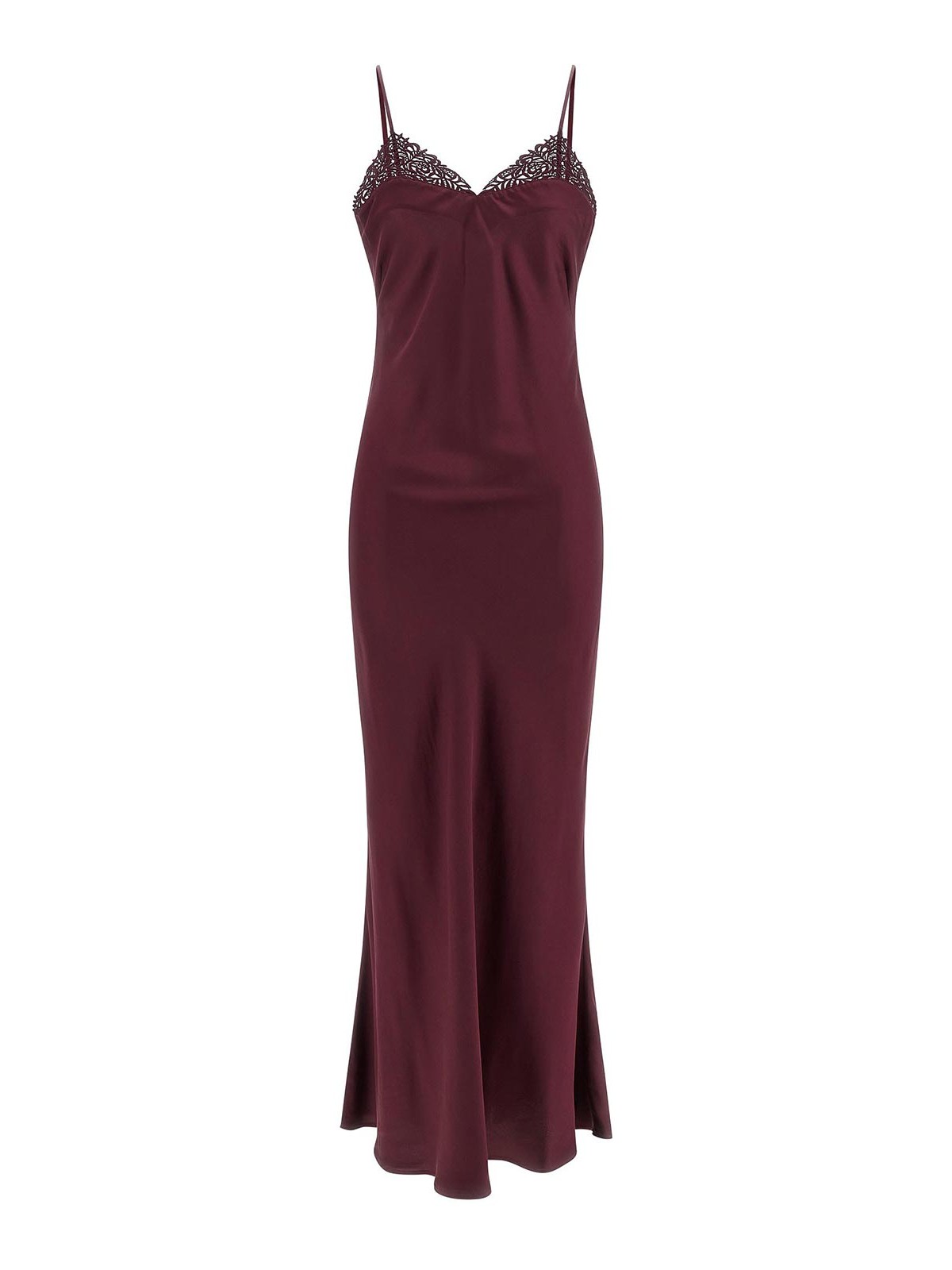 Twinset Satin Slip Dress With Lace Neckline In Burgundy