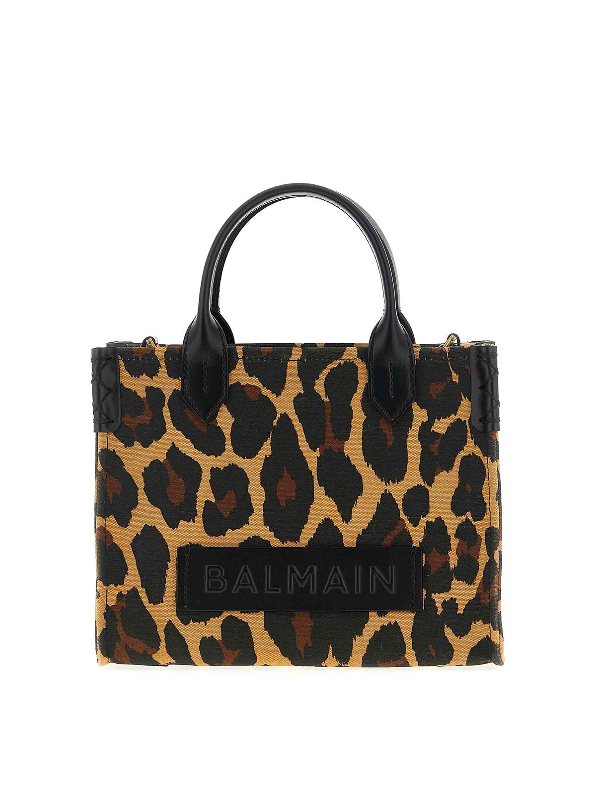 Balmain B-army Small Shopper Shoulder Bag In Leopard-print Canvas In Brown