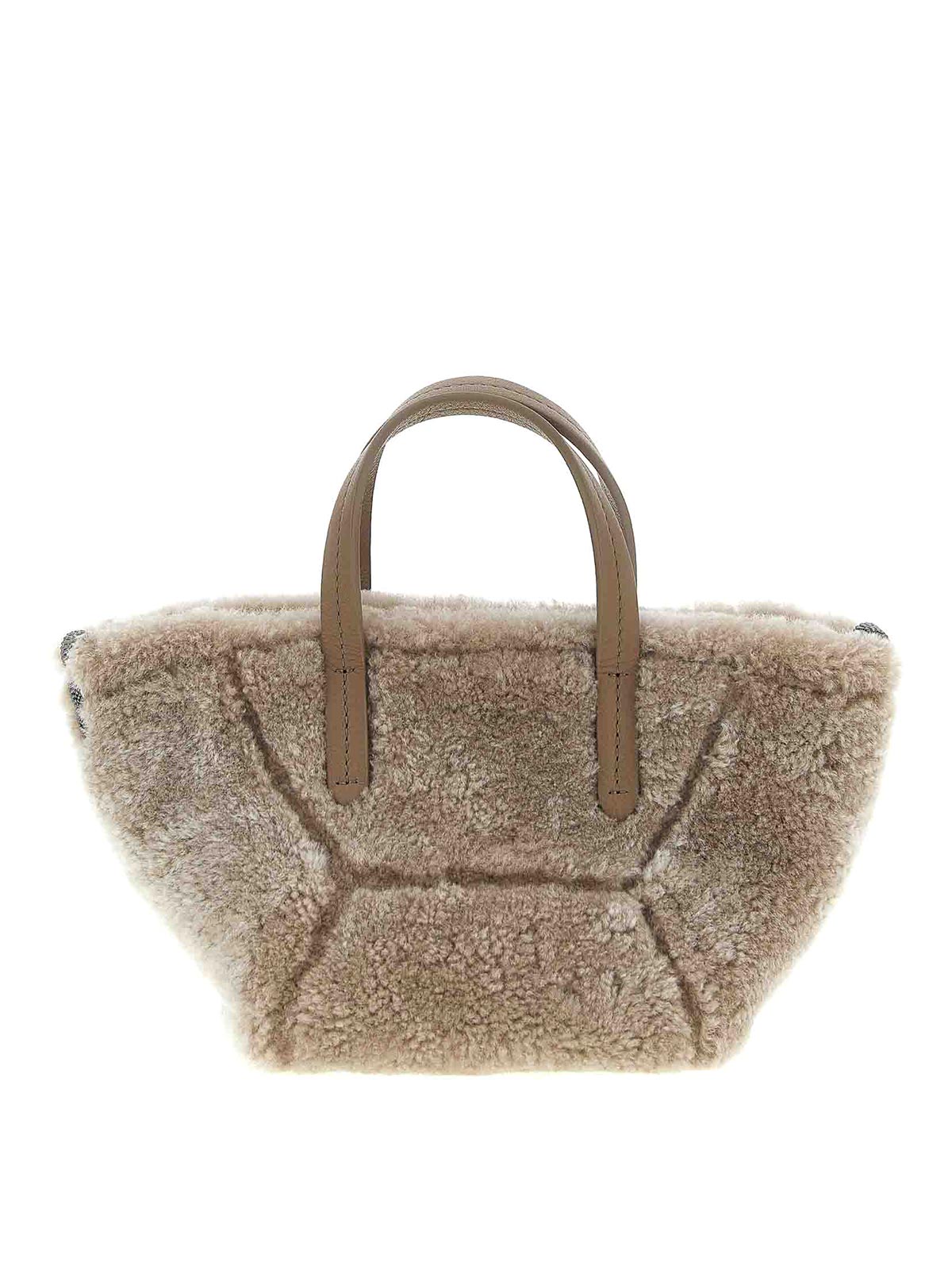 Brunello Cucinelli Shearling Leather Tote Bag In Gray